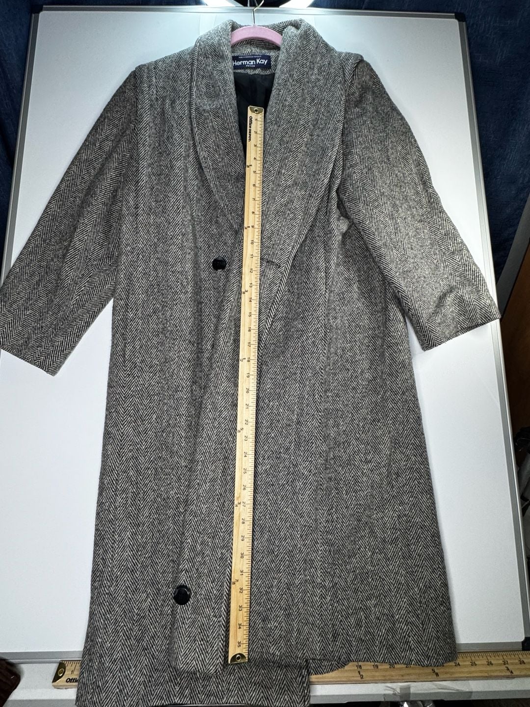 Herman Kay Petite Herringbone Wool Coat Black White 3