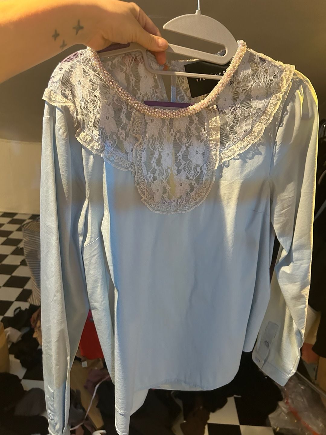John Richmond Long Sleeve Blouse Blue Lace Pearl Collar 2