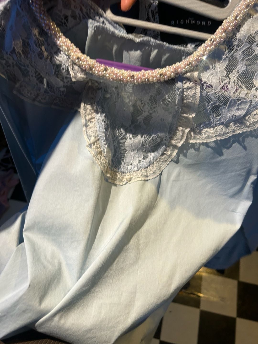 John Richmond Long Sleeve Blouse Blue Lace Pearl Collar 4
