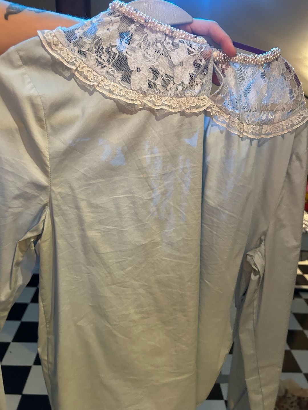 John Richmond Long Sleeve Blouse Blue Lace Pearl Collar 5