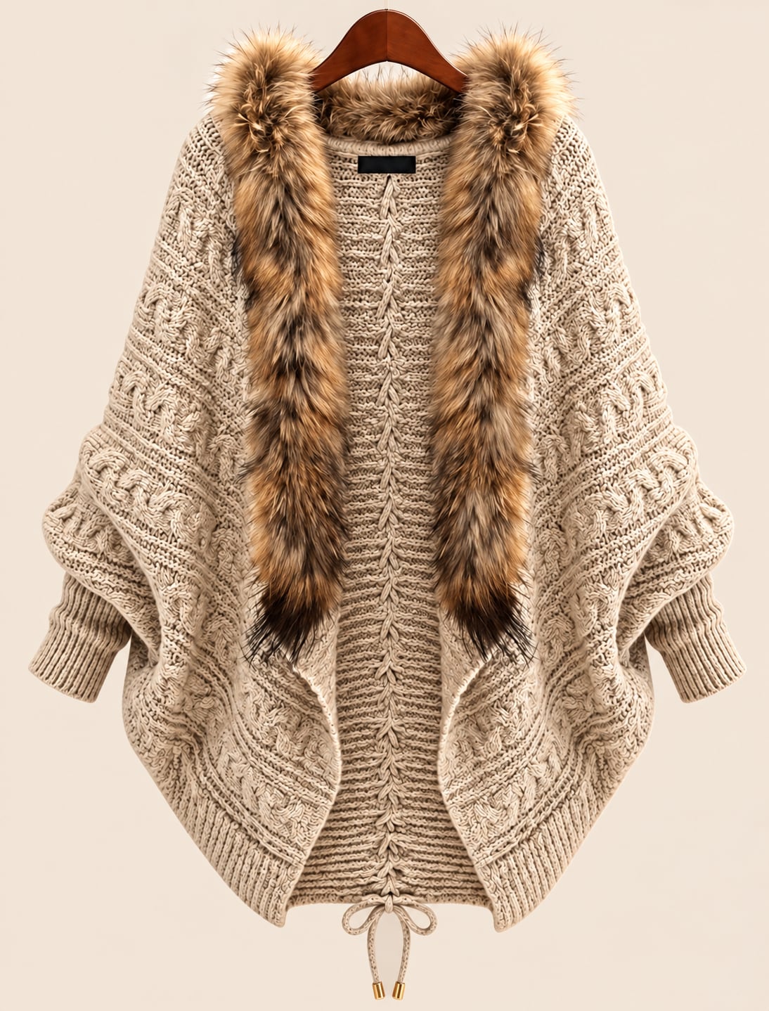 Unbranded Cable Knit Cardigan With Faux Fur Collar Beige 2