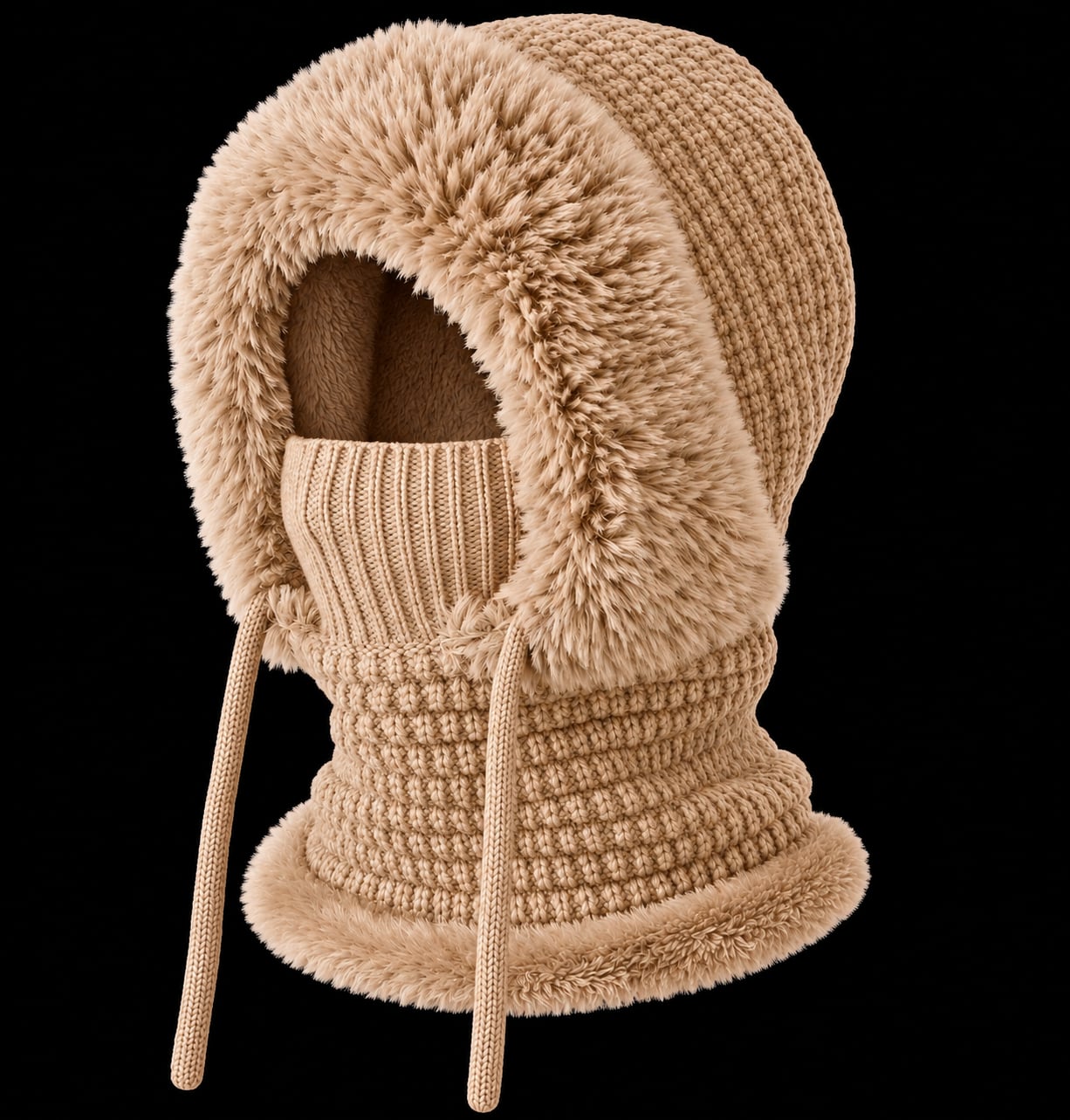 3-in-1 Winter Balaclava Knitted Hood Scarf Hat Khaki 2