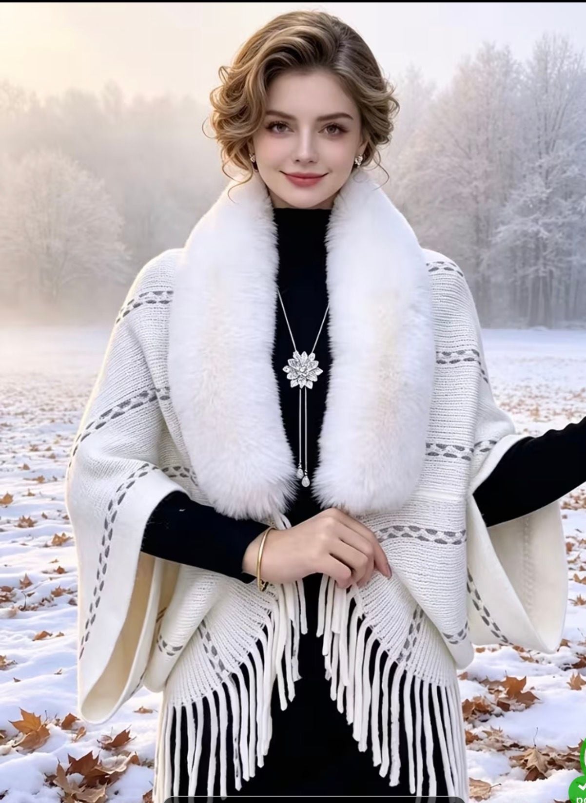 Women's Faux Fur Collar Knitted Shawl Poncho with Tassels White 1