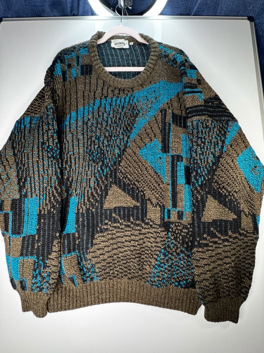 Mondo Vintage Geometric Knit Pullover Sweater Size XL Blue Brown Black 2