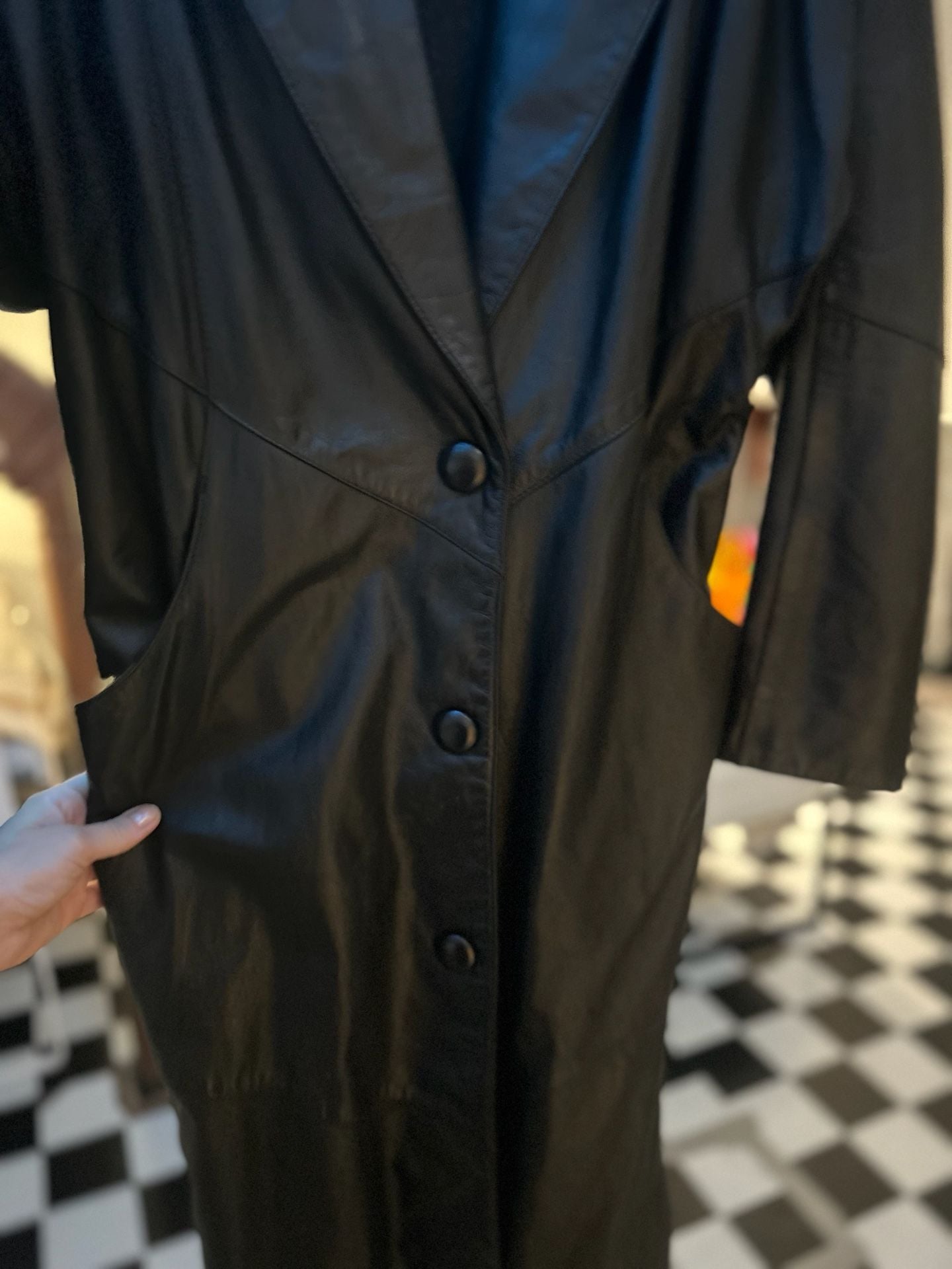 International Outerwear Leather Trench Coat Size S Black Long Jacket 8