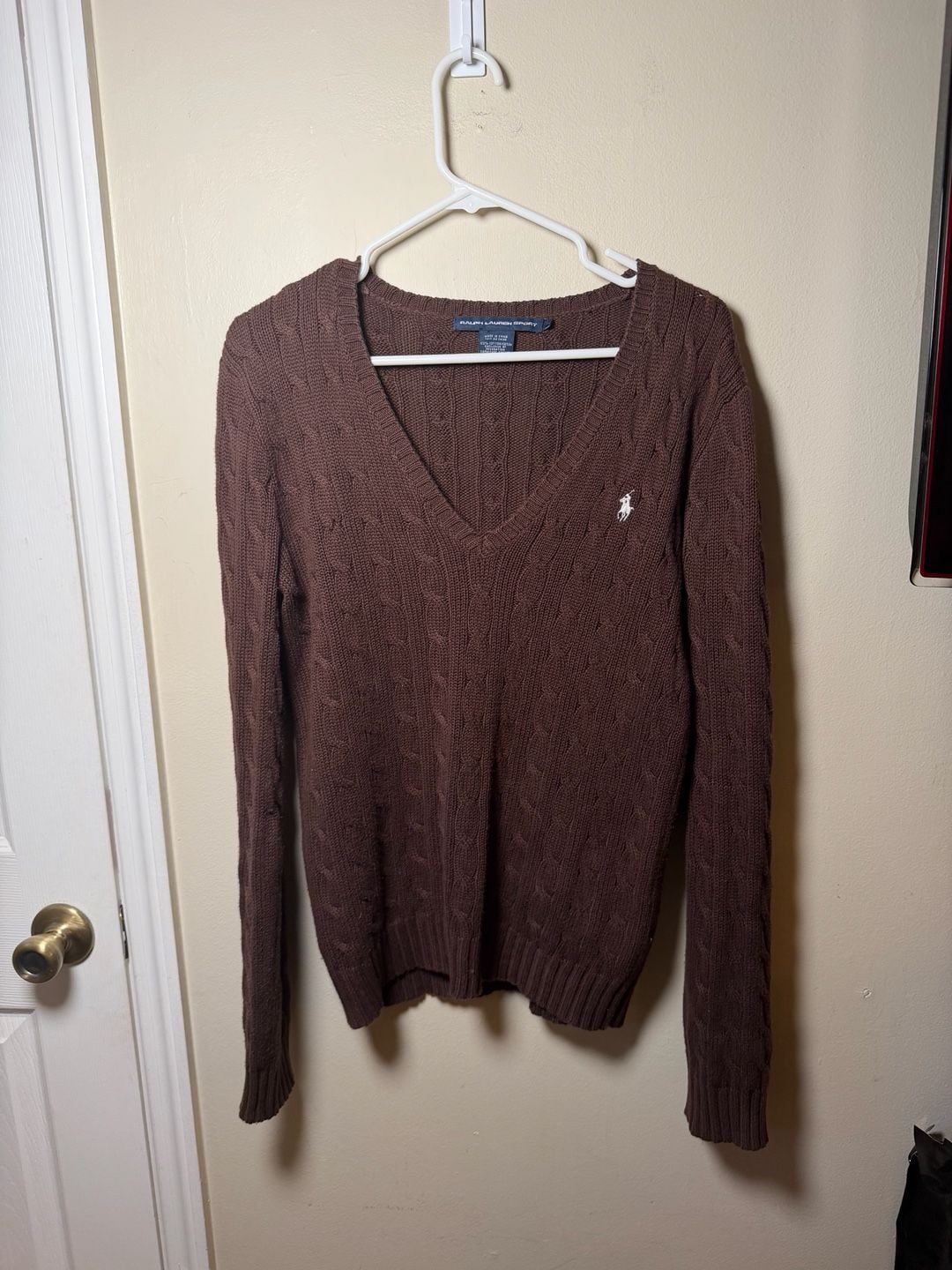 Ralph Lauren Sport Cable Knit V-Neck Sweater Size L Brown 2