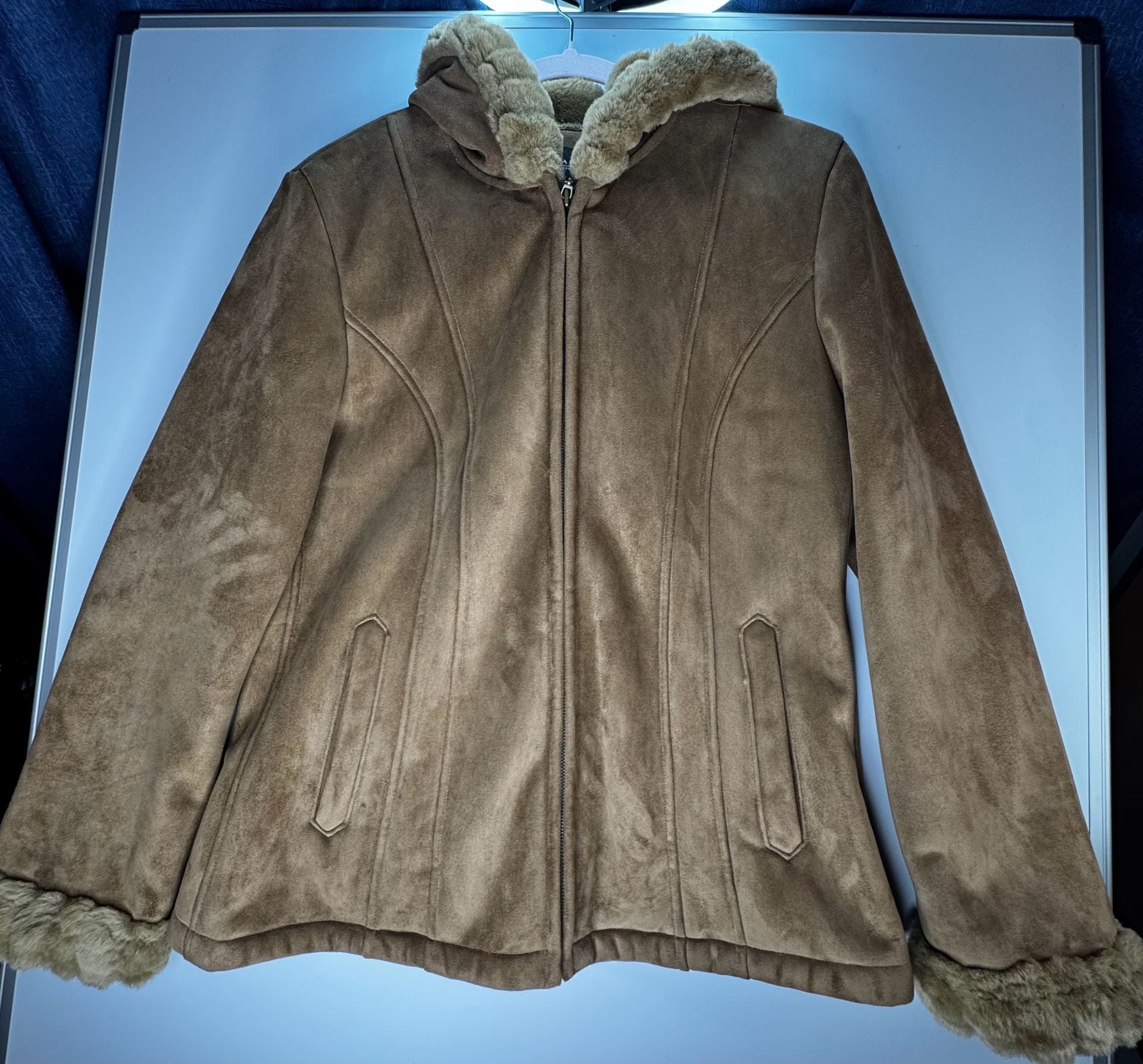 Braefair Faux Suede Hooded Jacket Size L Brown Faux Fur Lined Winter Coat 2