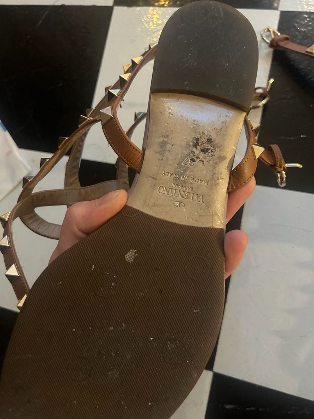 Valentino Rockstud Flat Thong Sandals Size 37 Brown Leather 6