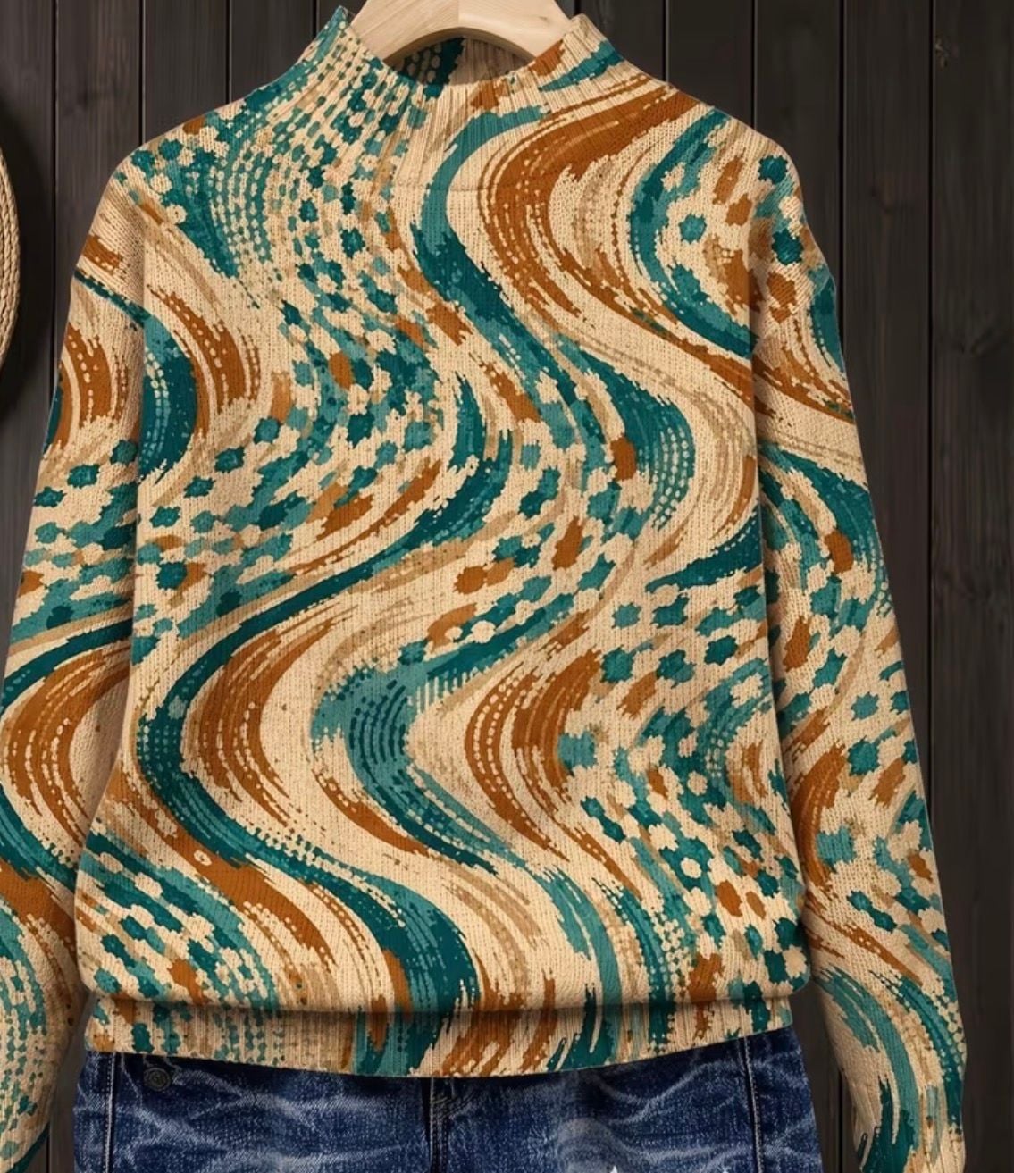 SHEIN LUNE Vintage Figure Pattern Crew Neck Sweater 1