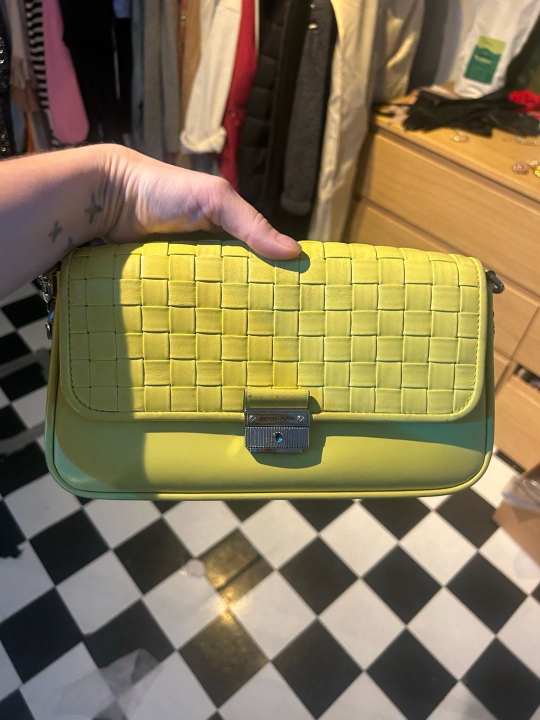 Michael Kors Bradshaw Small Woven Leather Shoulder Bag Limelight 3