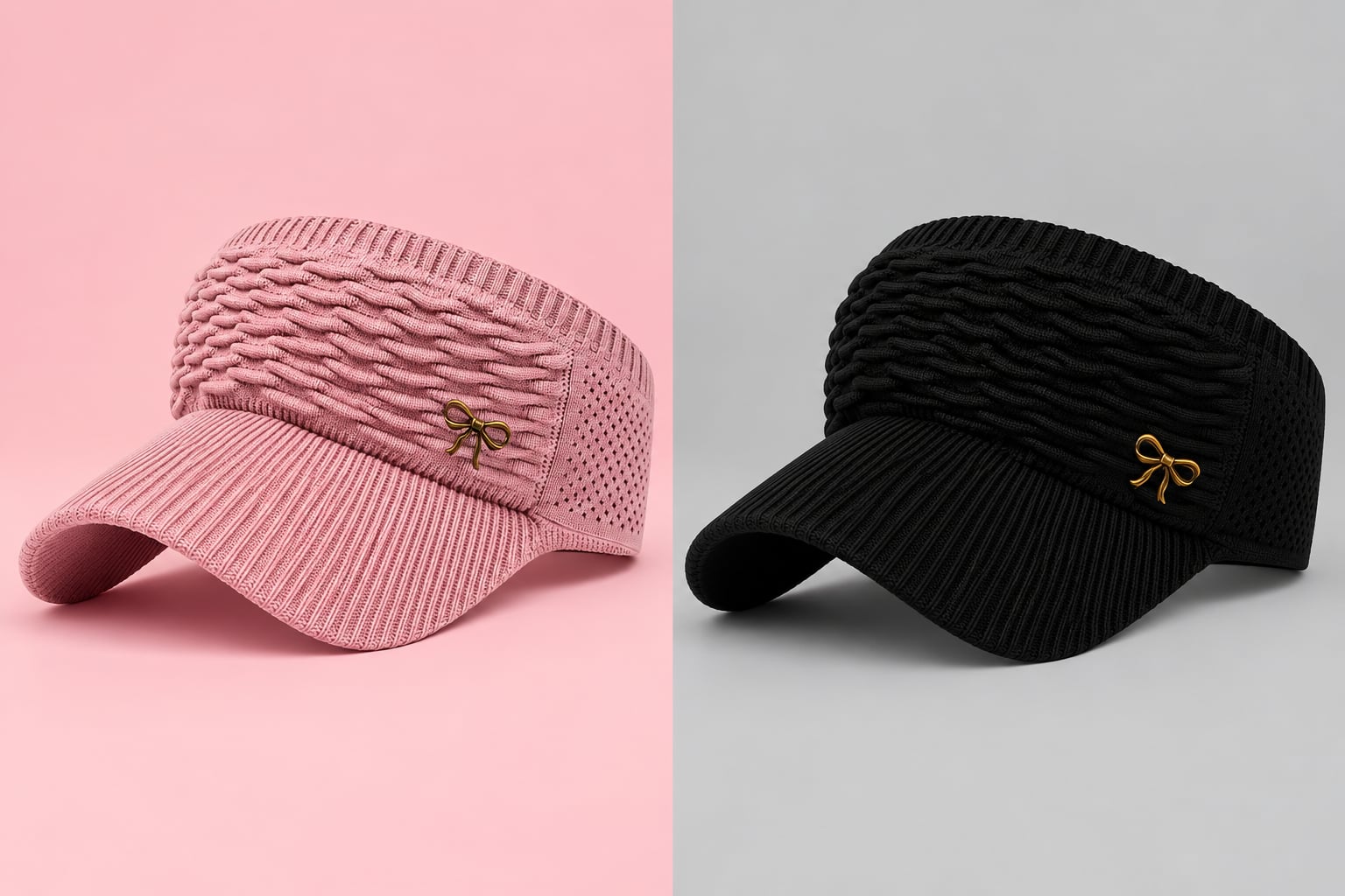 Unbranded Knitted Sun Visor Cap Bow Logo 2pcs Pink Black 1