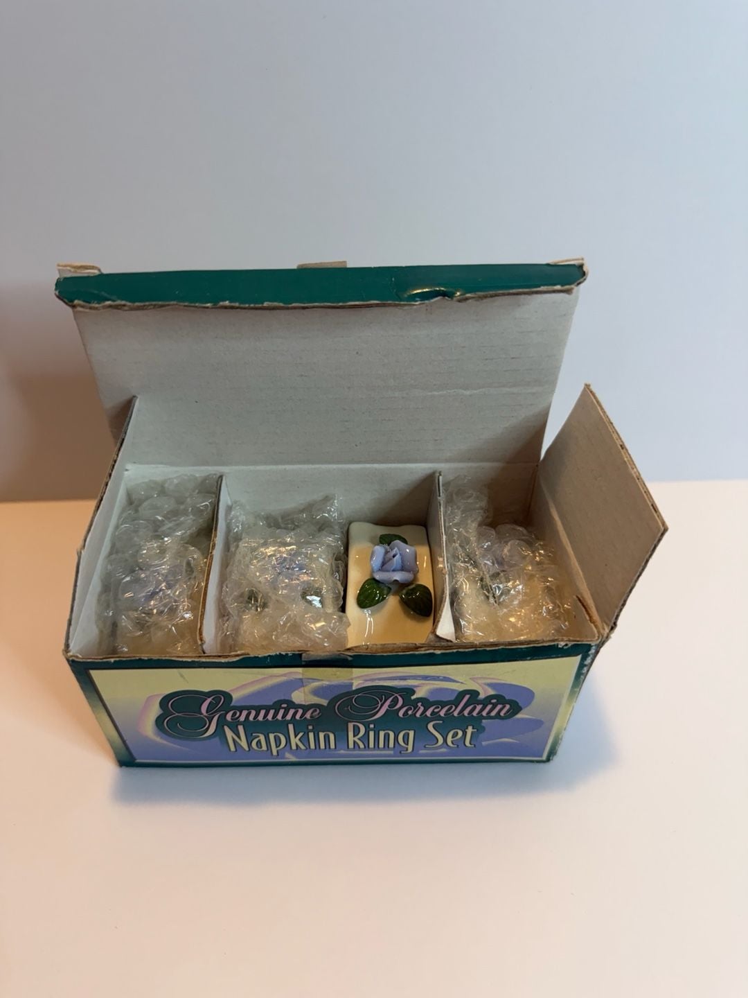 Genuine Porcelain Napkin Ring Set Blue Rose Floral Set of 4 2