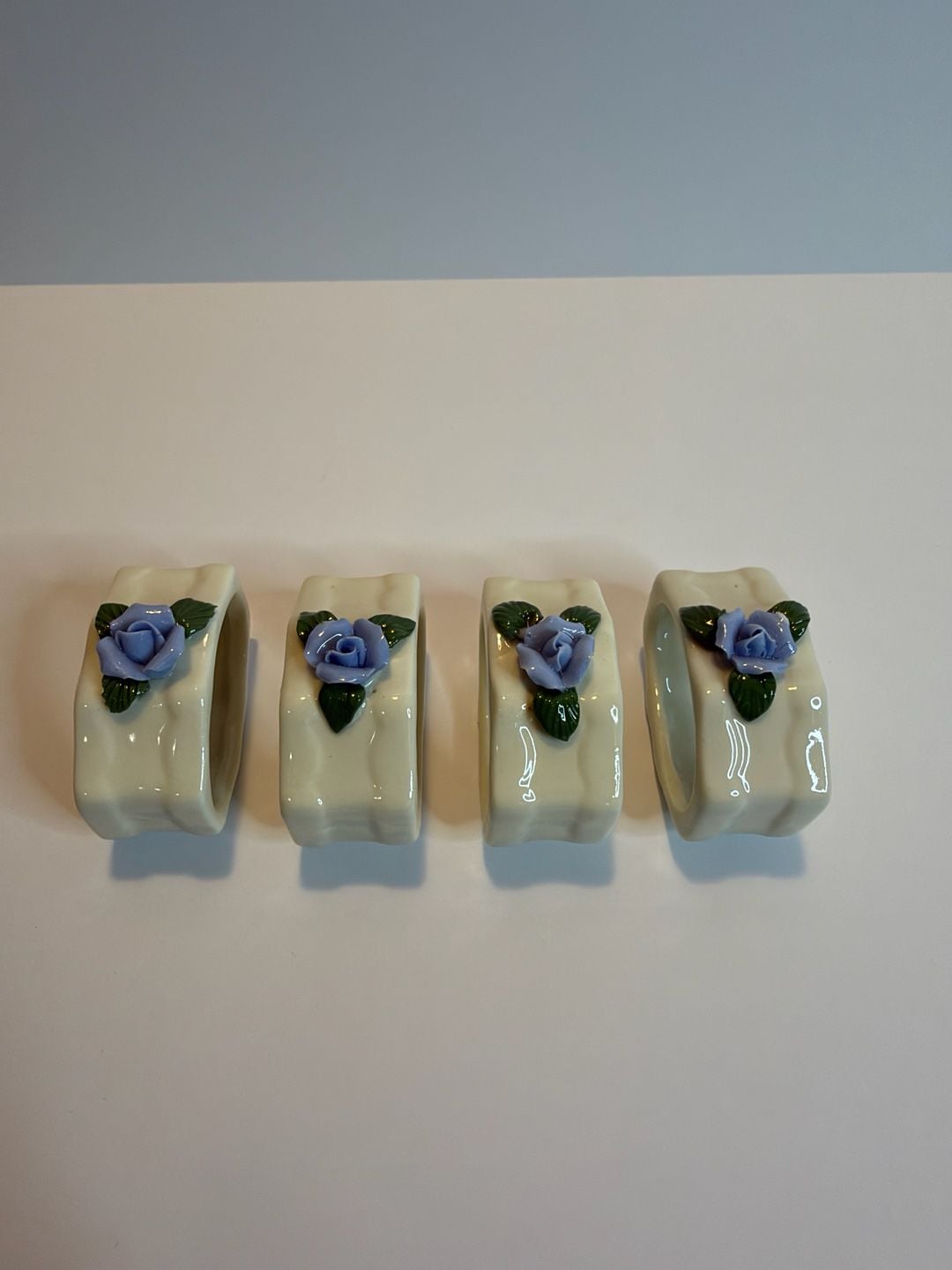 Genuine Porcelain Napkin Ring Set Blue Rose Floral Set of 4 3