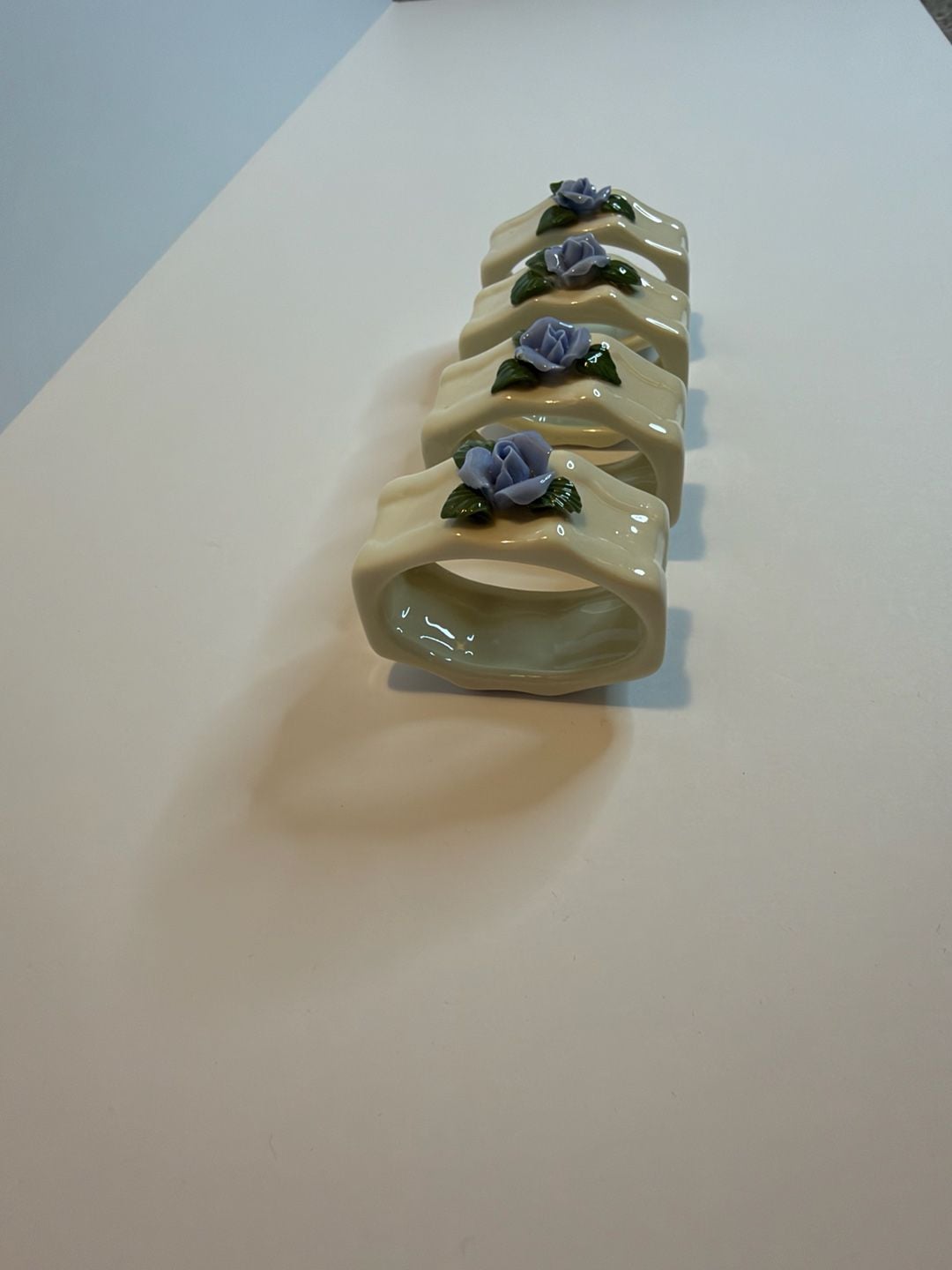 Genuine Porcelain Napkin Ring Set Blue Rose Floral Set of 4 4
