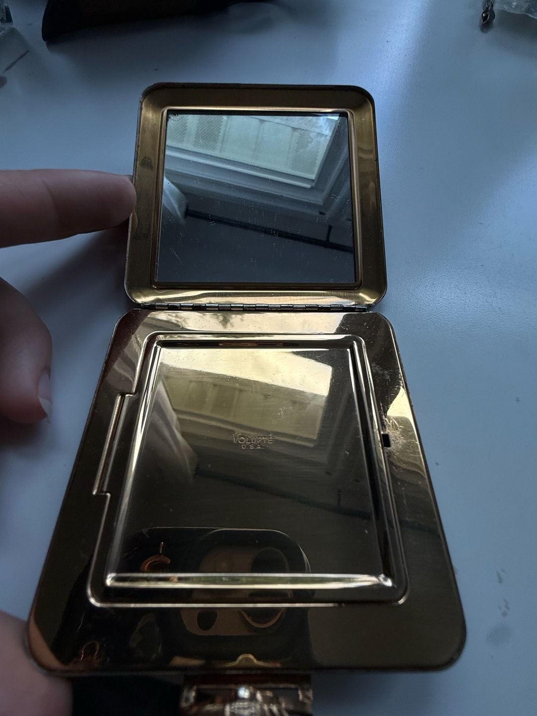 Volupte Vintage Compact Mirror Gold Tone Rhinestone Clasp 3