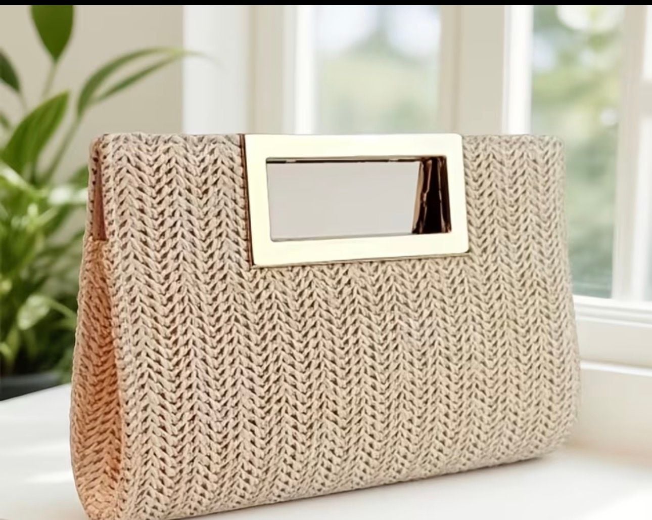 Woven Straw Clutch Bag with Gold Ring Handle Beige 2