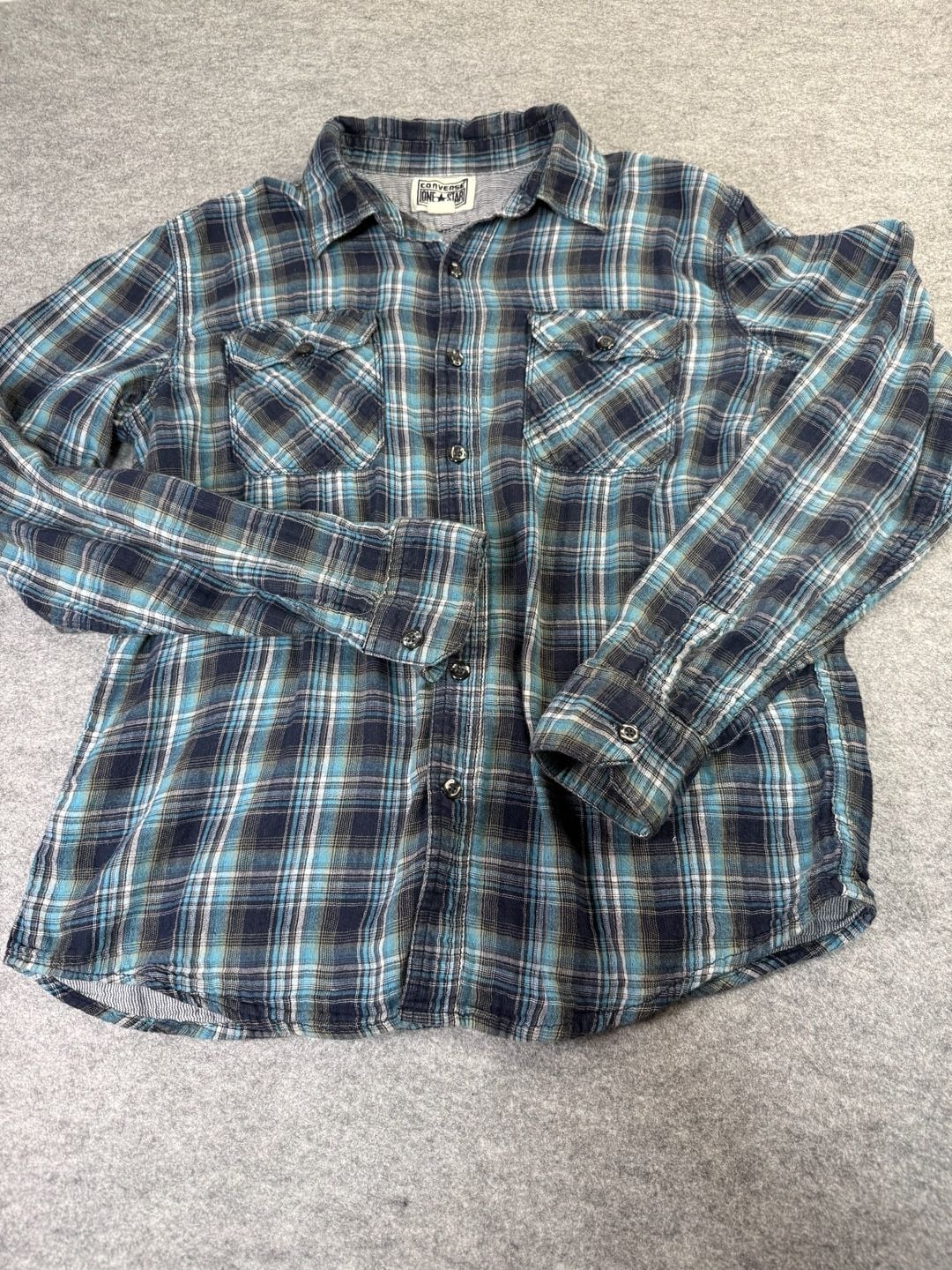 Converse One Star Plaid Flannel Shirt Size M Blue Long Sleeve 1