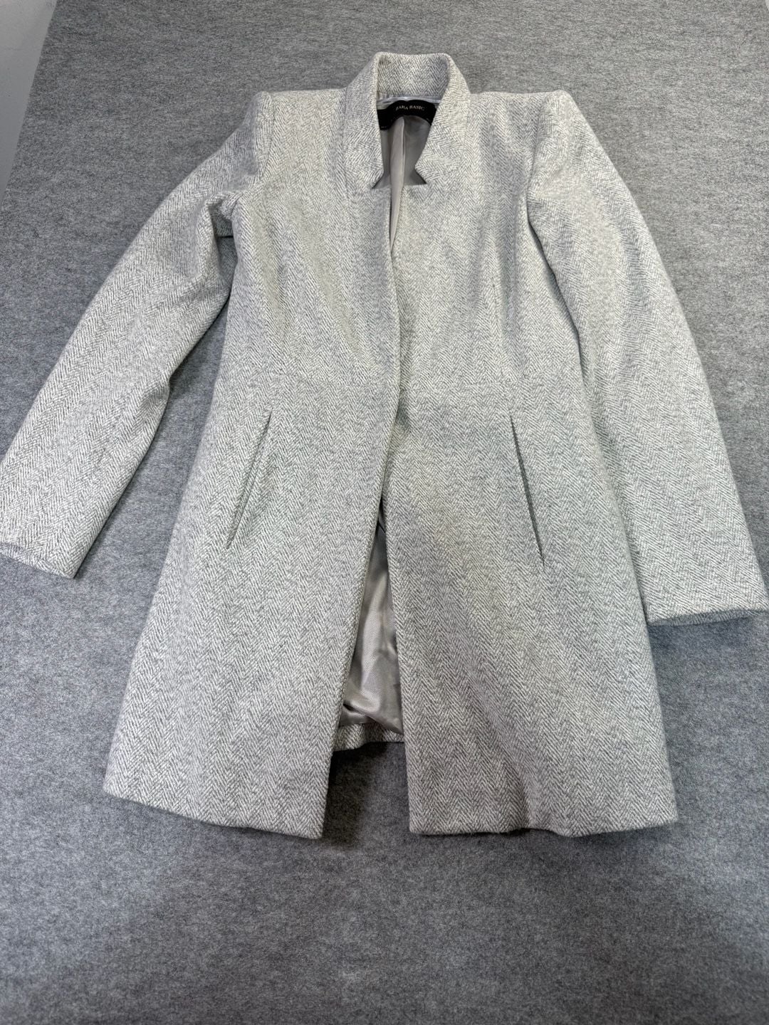 Zara Basic Herringbone Coat Size XS Gray Polyester Cotton 2