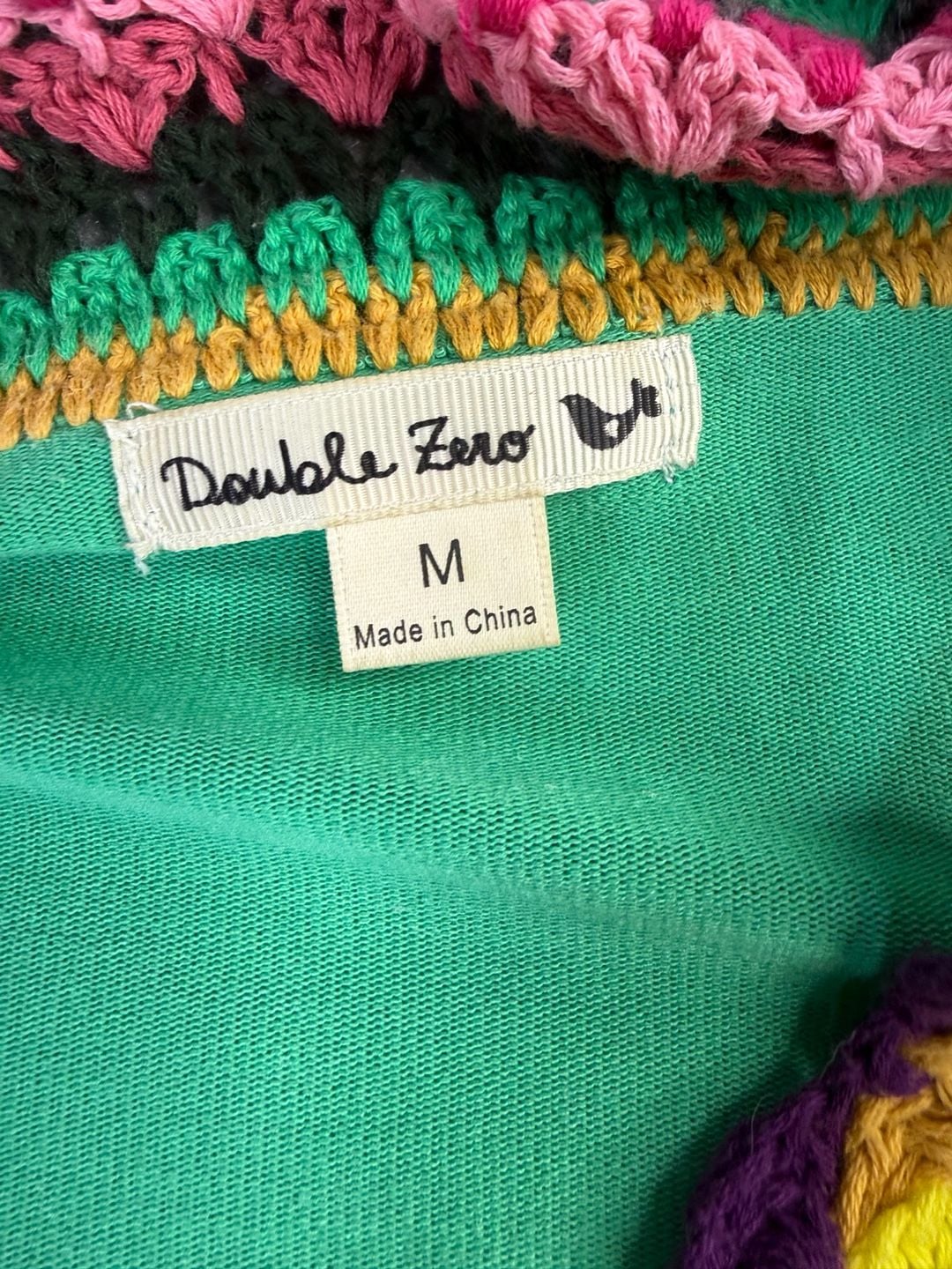 Double Zero Cardigan Size M Green Rainbow Crochet Trim Open Front 3