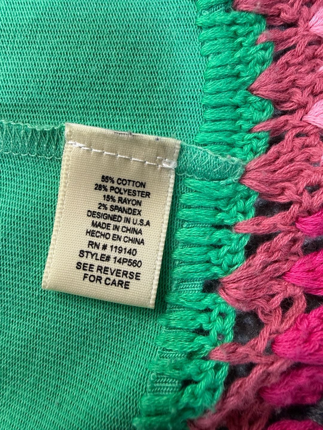 Double Zero Cardigan Size M Green Rainbow Crochet Trim Open Front 4