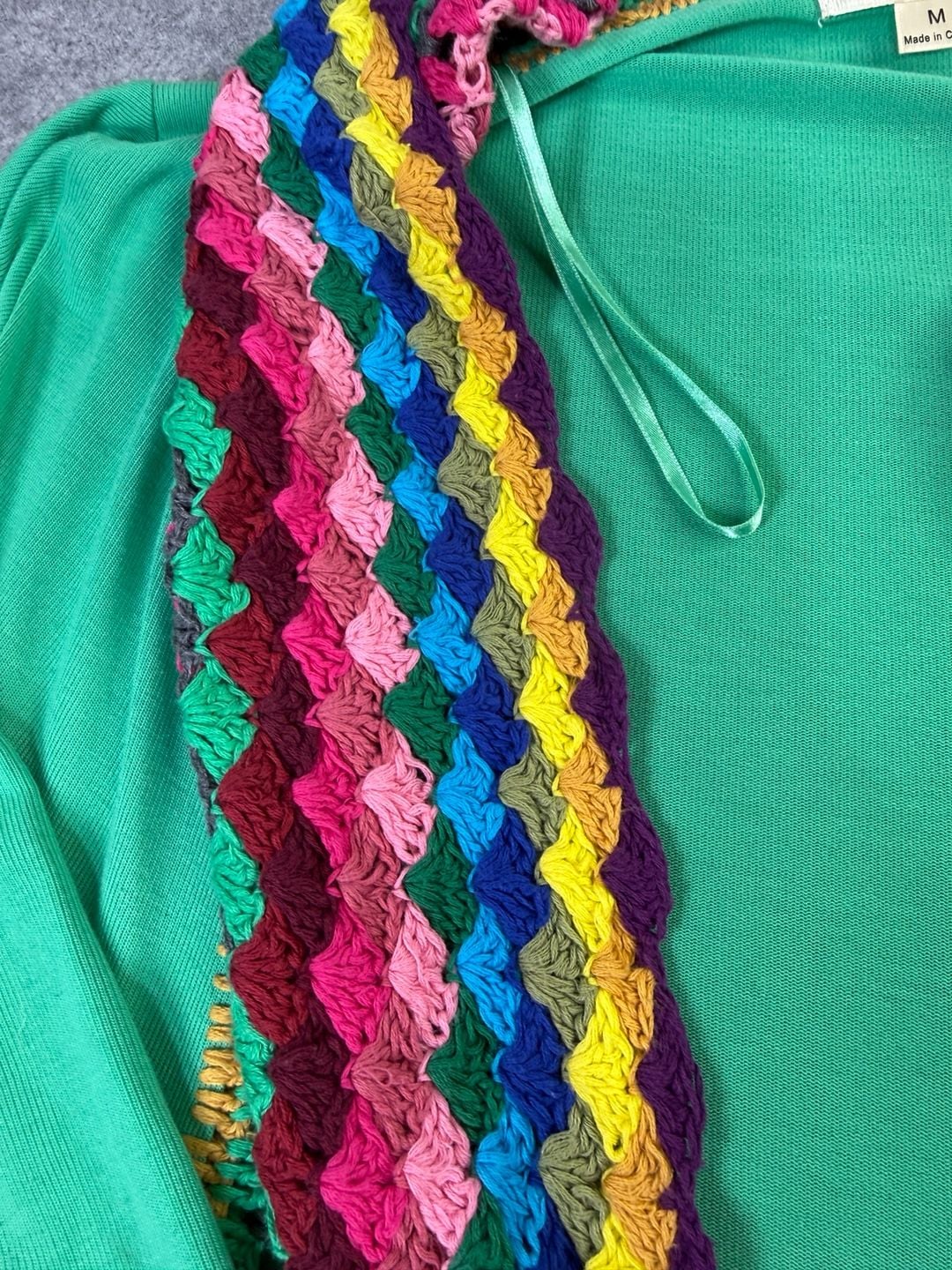 Double Zero Cardigan Size M Green Rainbow Crochet Trim Open Front 5