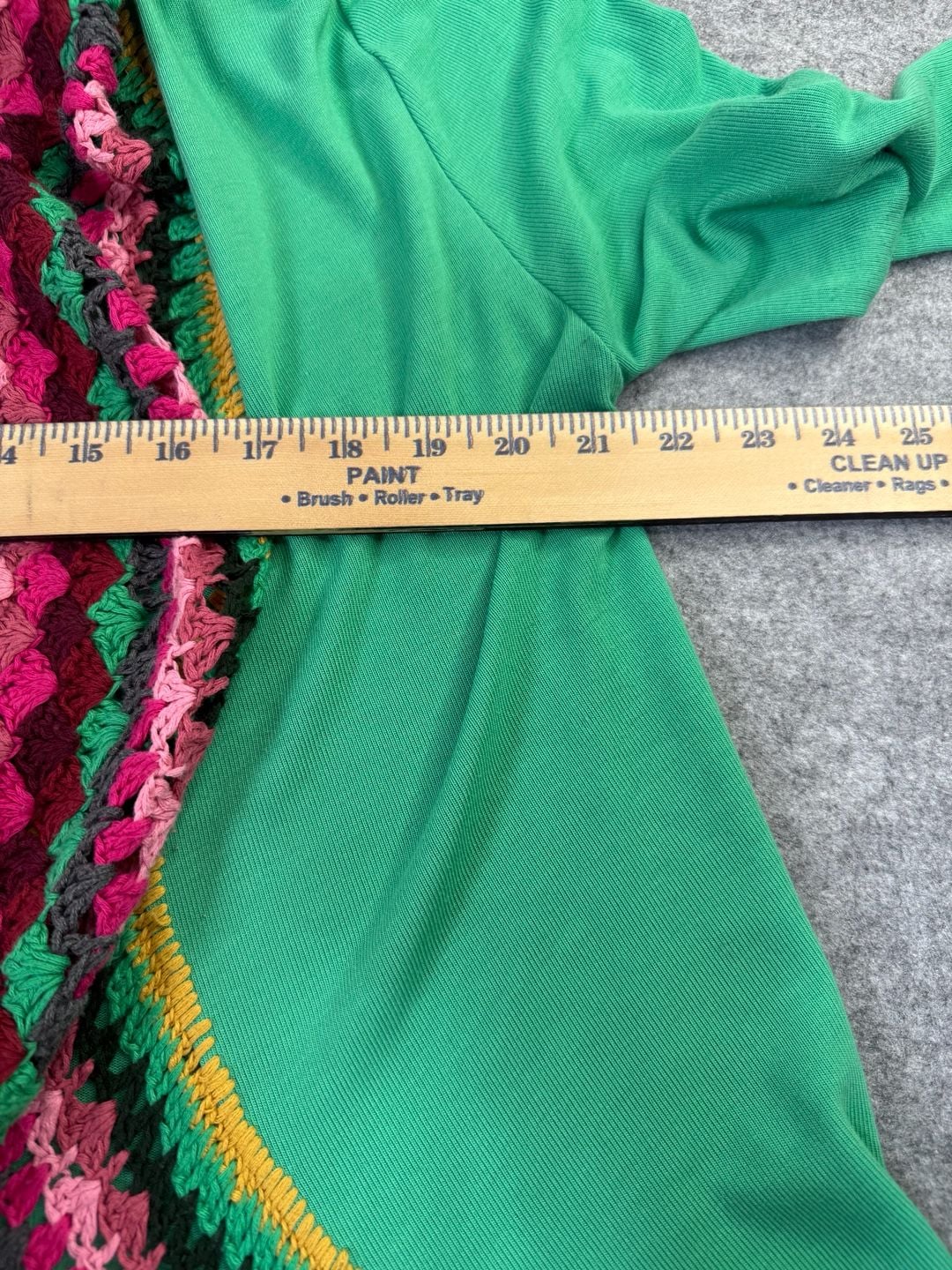 Double Zero Cardigan Size M Green Rainbow Crochet Trim Open Front 7