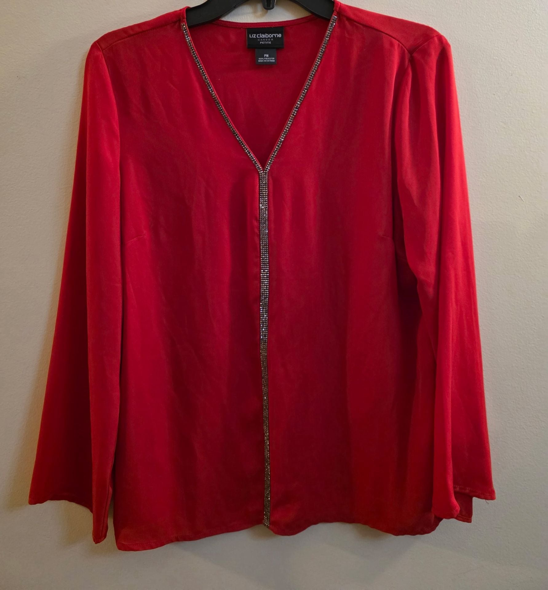 Liz Claiborne Blouse Size PM Red Rhinestone Trim Long Sleeve 2
