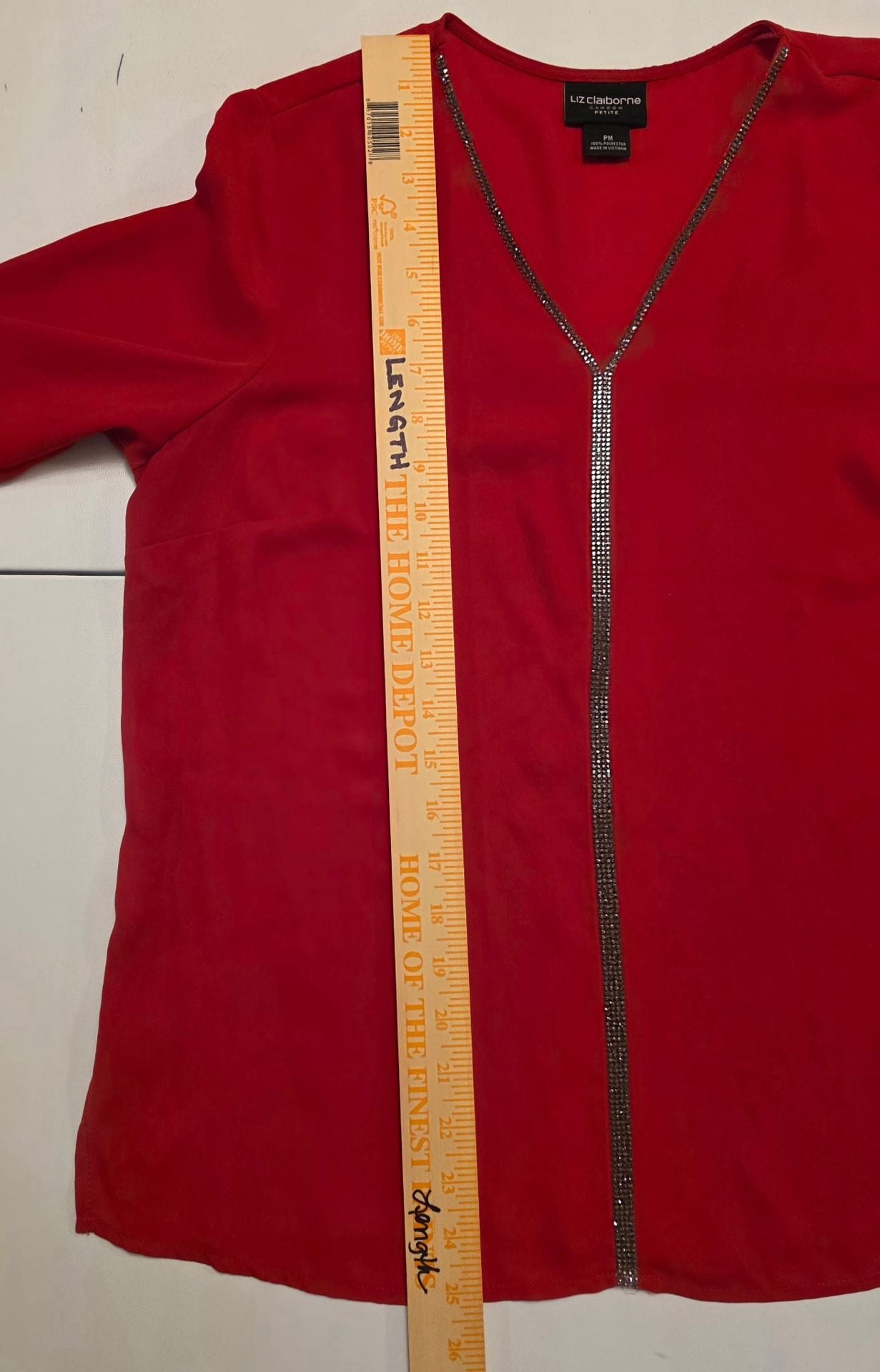 Liz Claiborne Blouse Size PM Red Rhinestone Trim Long Sleeve 6