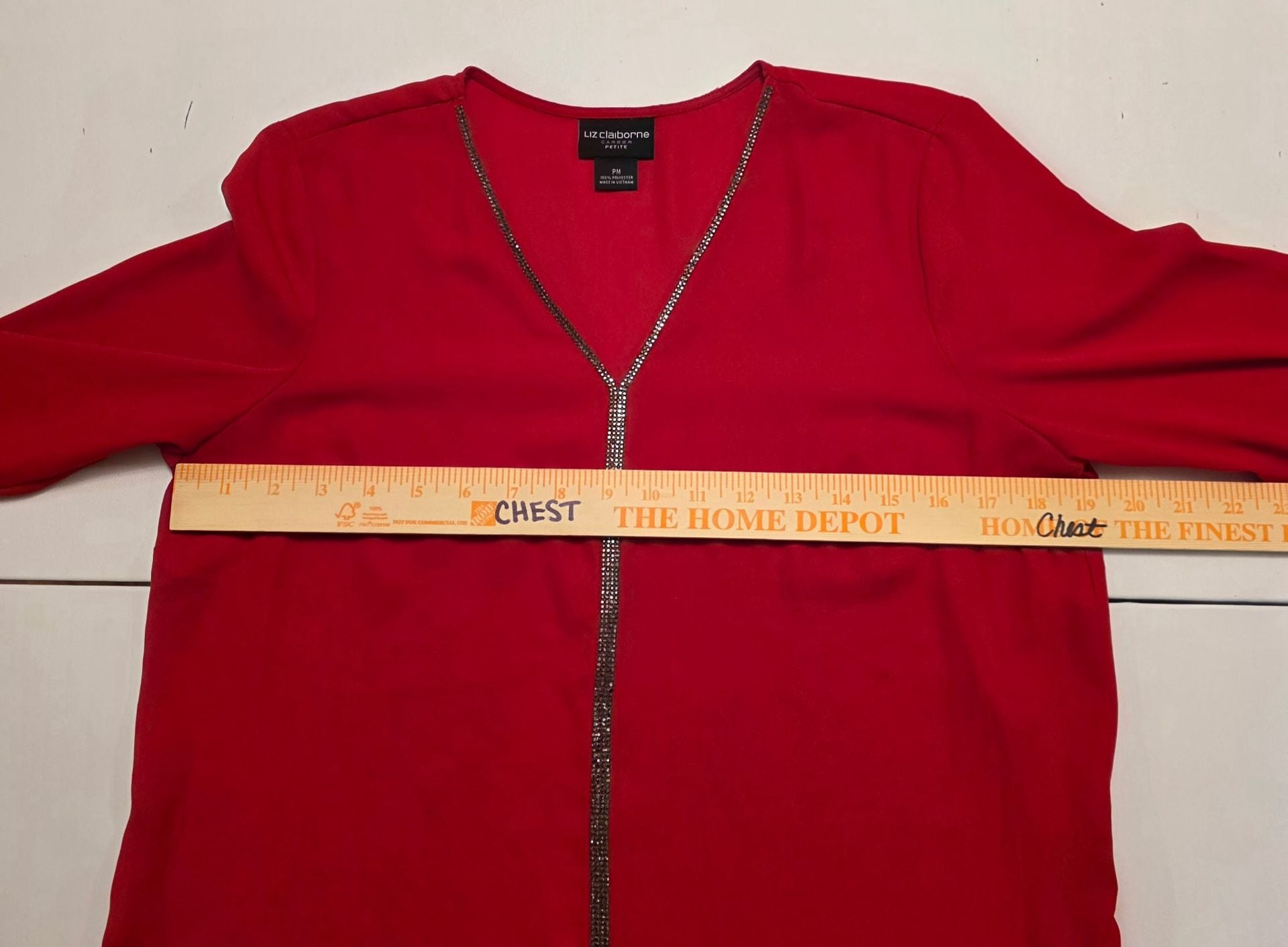 Liz Claiborne Blouse Size PM Red Rhinestone Trim Long Sleeve 8