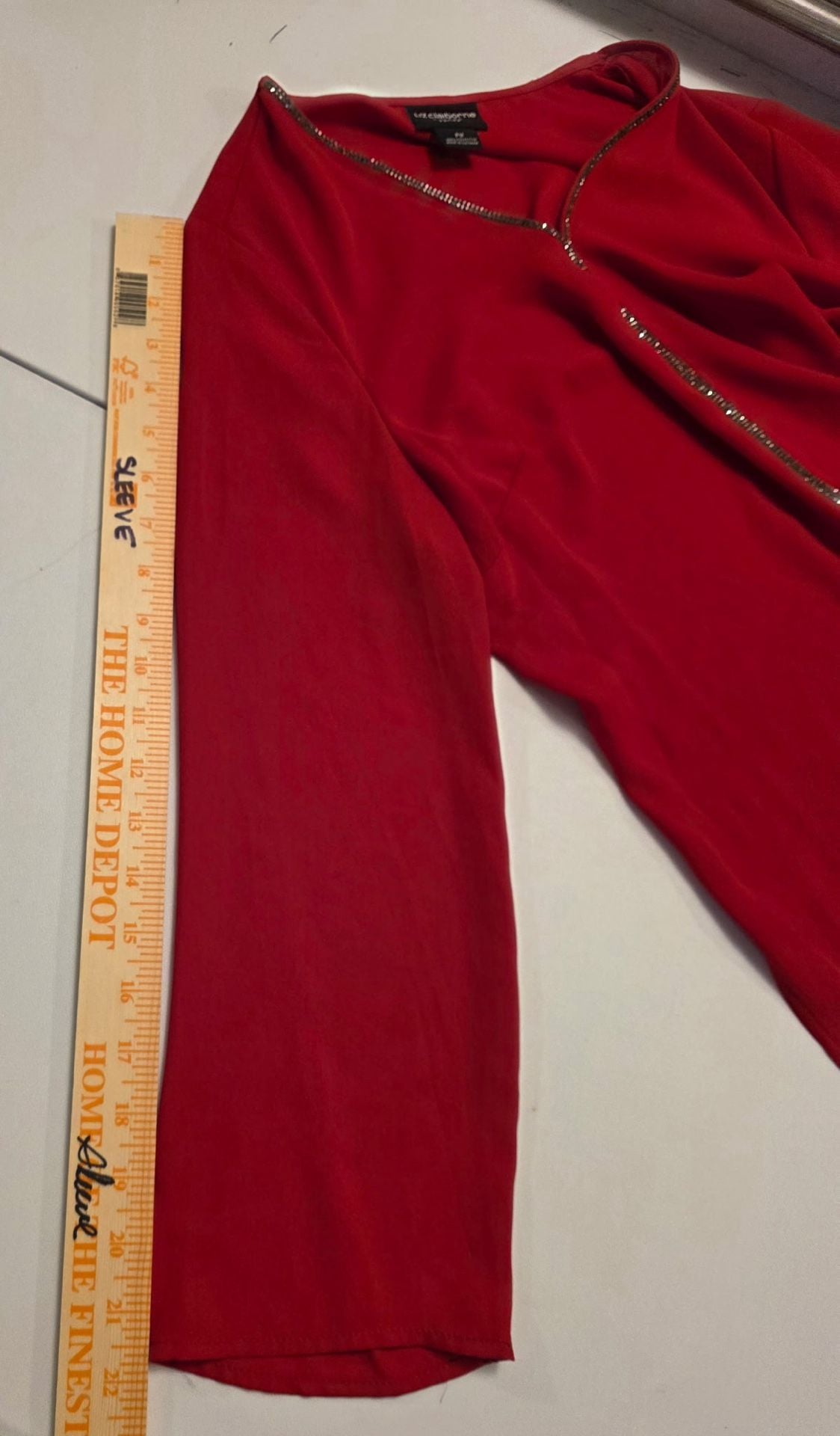Liz Claiborne Blouse Size PM Red Rhinestone Trim Long Sleeve 9