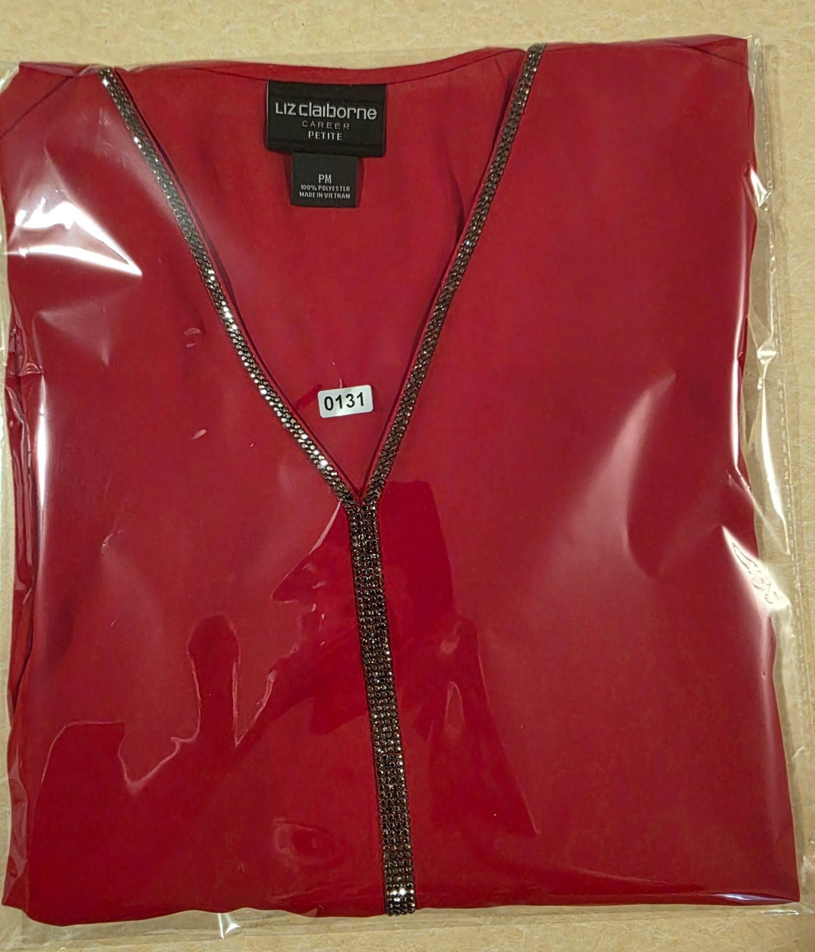 Liz Claiborne Blouse Size PM Red Rhinestone Trim Long Sleeve 10