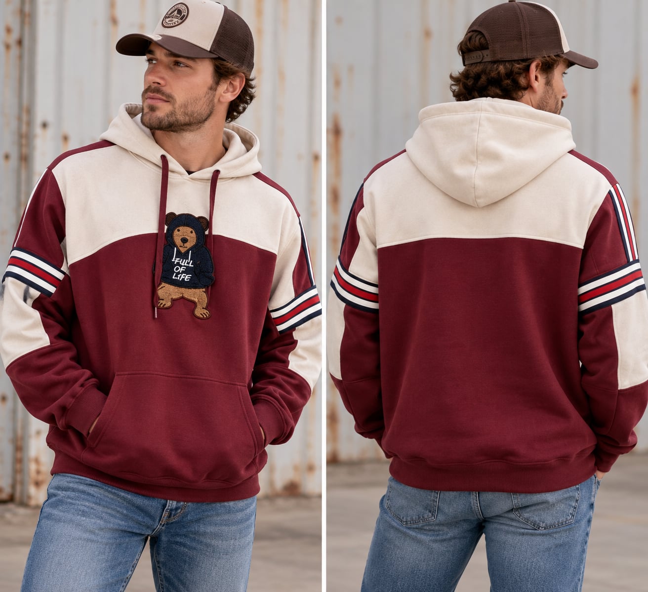 Bear The Beams Full of Life Teddy Bear Hoodie Men’s L Colorblock Streetwear 2