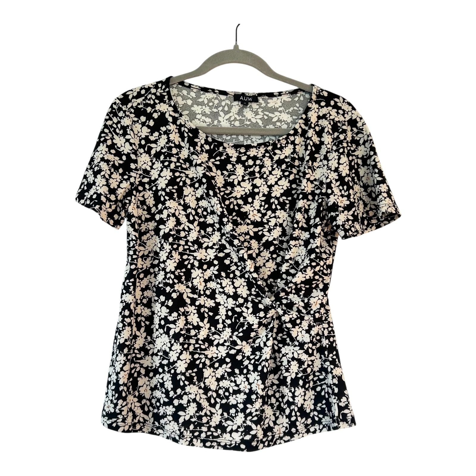 A.U.W. Black White Floral Twist Front Top Size S 2