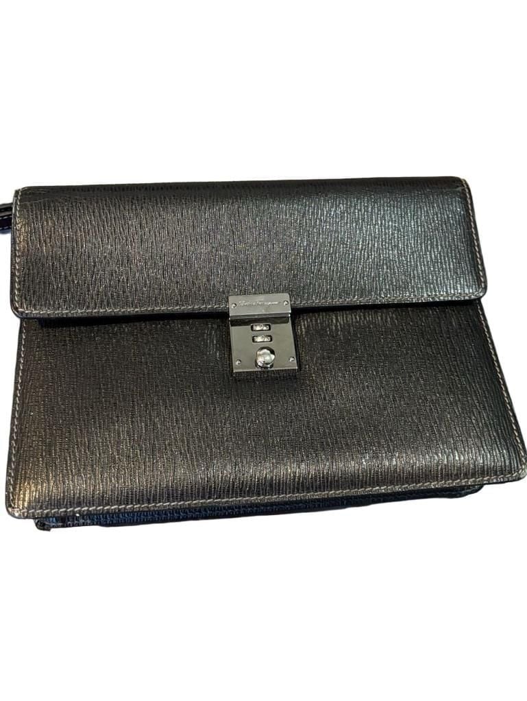 Salvatore Ferragamo Black Leather Lock Clutch Bag 2
