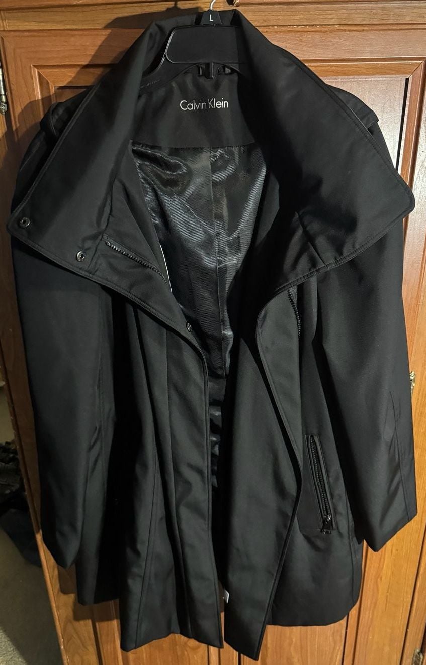Calvin Klein Trench Coat Size 2X Black Zip Pockets 2
