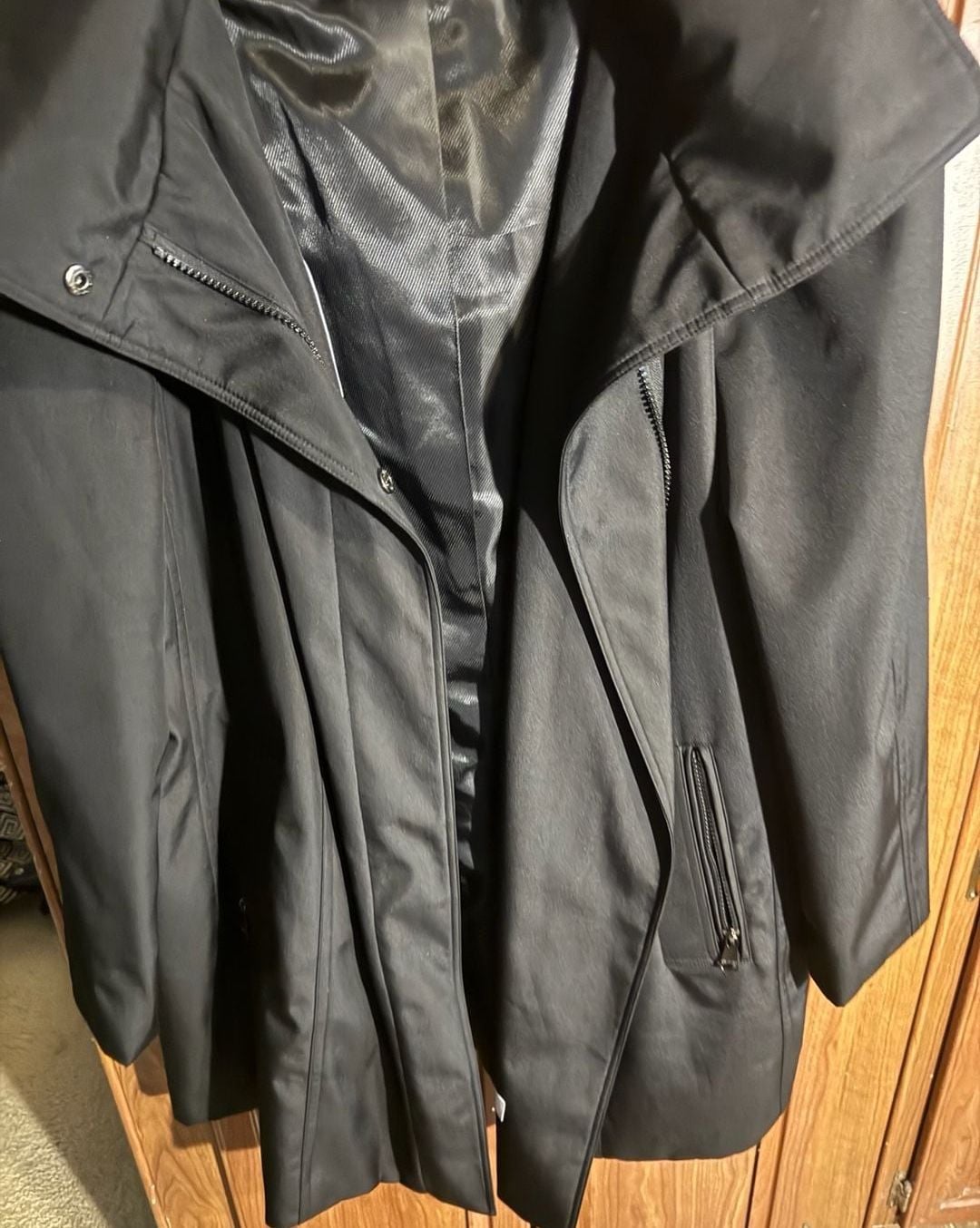 Calvin Klein Trench Coat Size 2X Black Zip Pockets 3