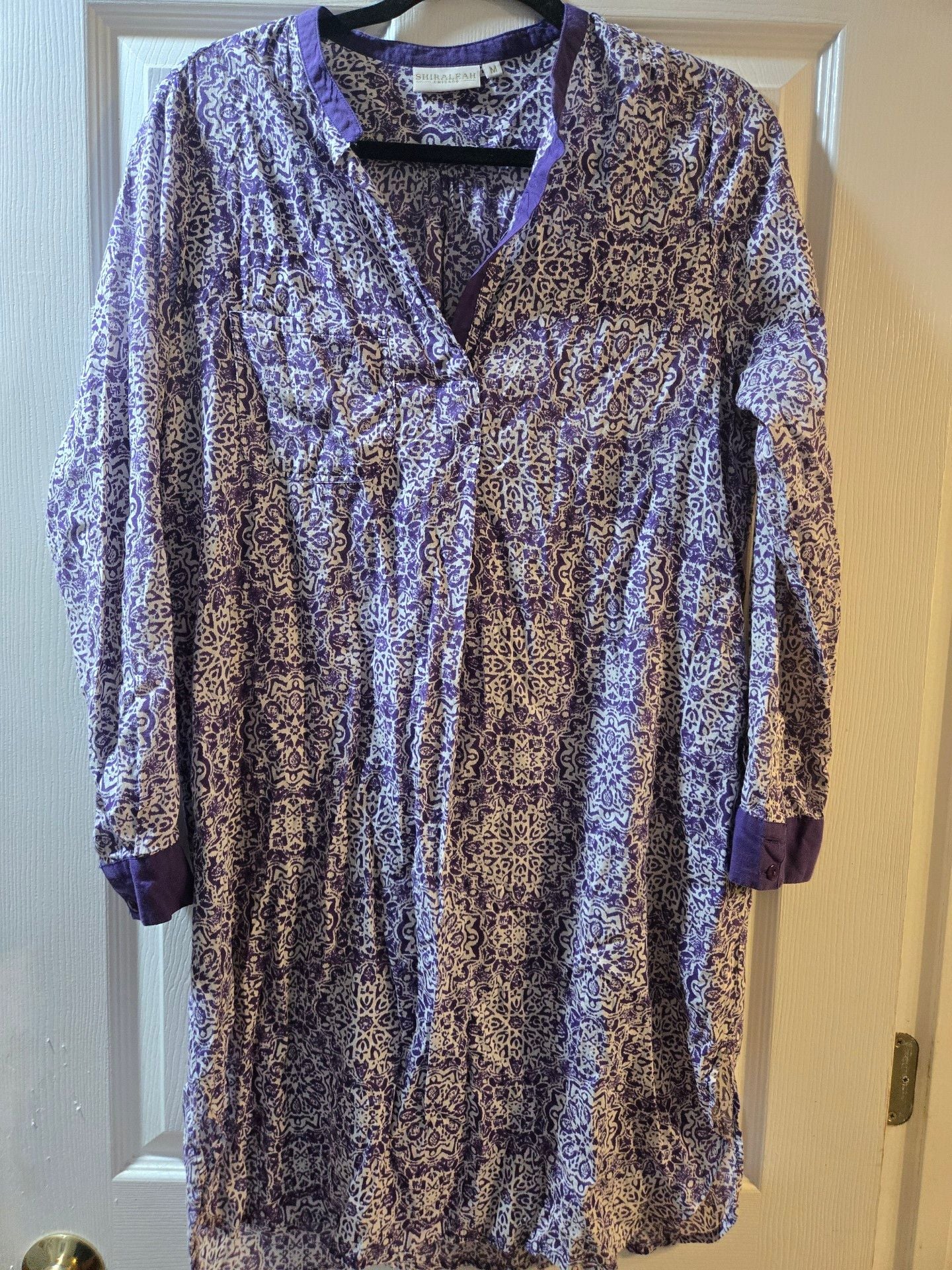 ShiraLeah Chicago Tunic Dress Size M Purple White Print Cotton Long Sleeve 2
