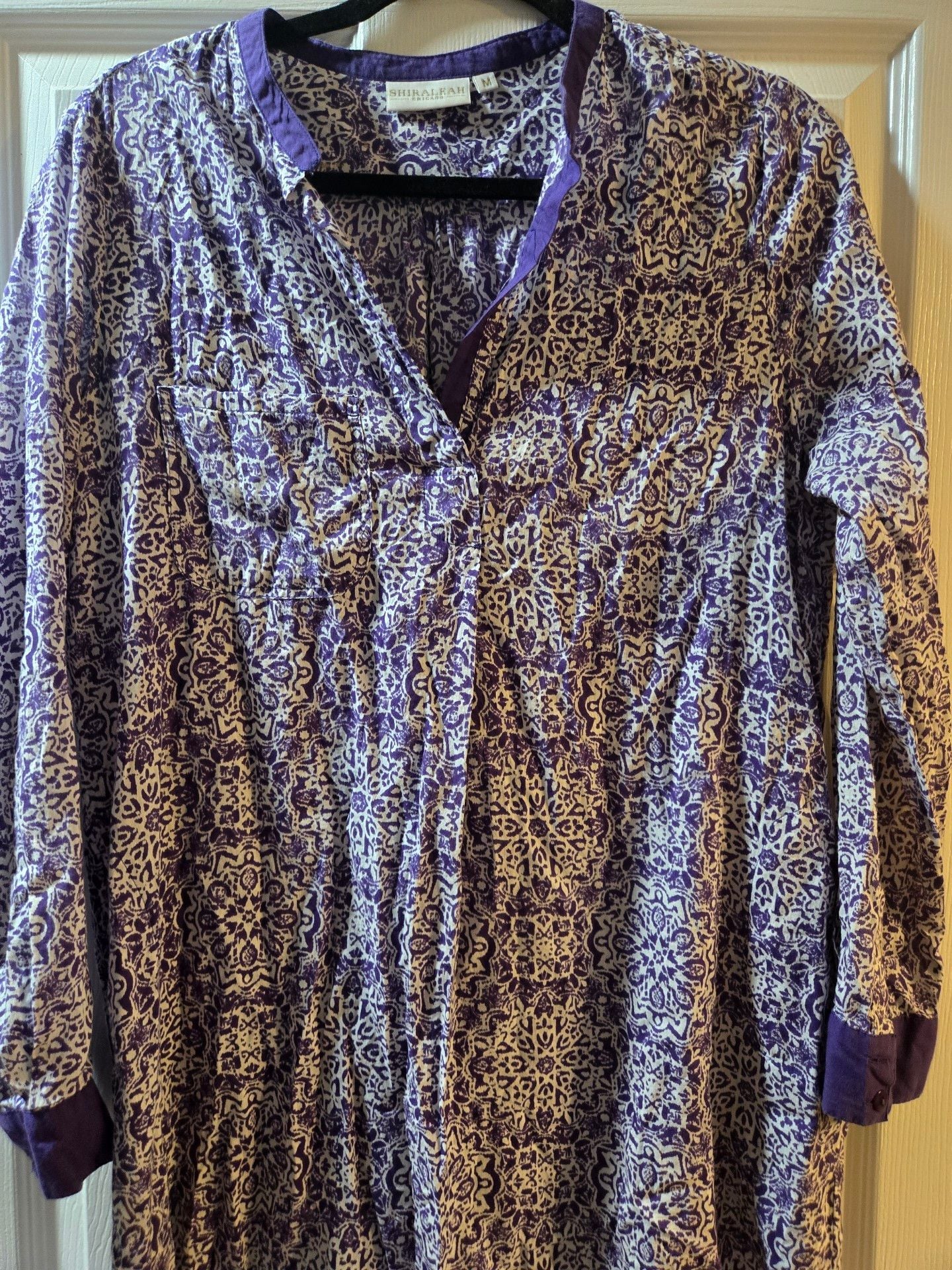ShiraLeah Chicago Tunic Dress Size M Purple White Print Cotton Long Sleeve 3