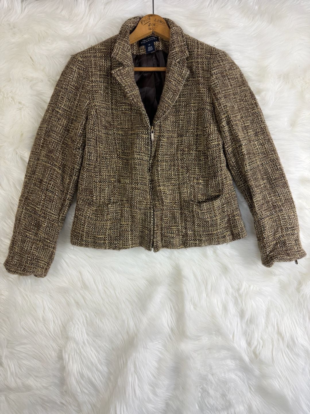 Vintage Jones New York Signature Tweed Blazer Size 10 Brown Zip Jacket 2
