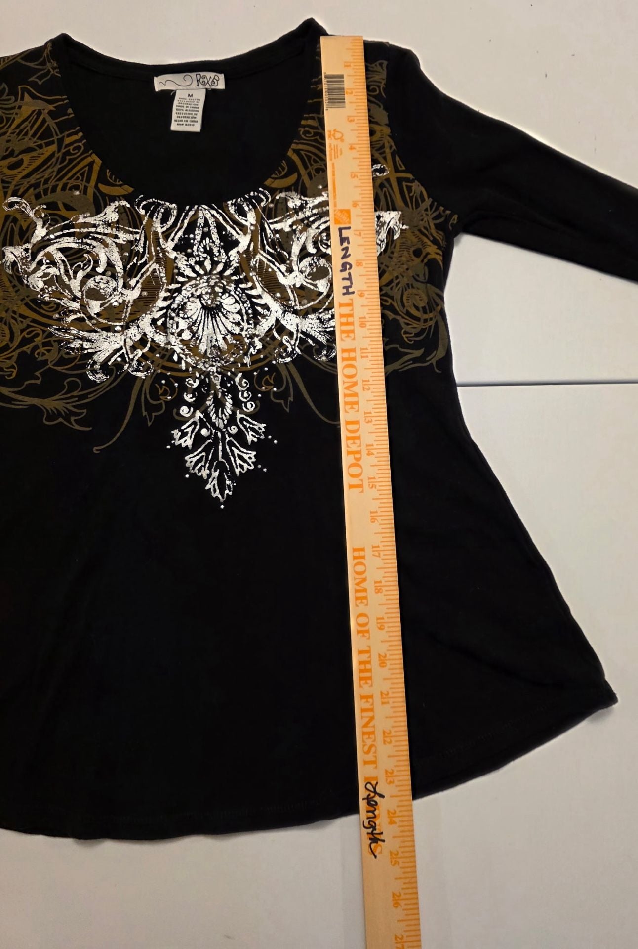 RXB Long Sleeve Graphic Shirt Size M Black Embellished Y2K Scoop Neck 6