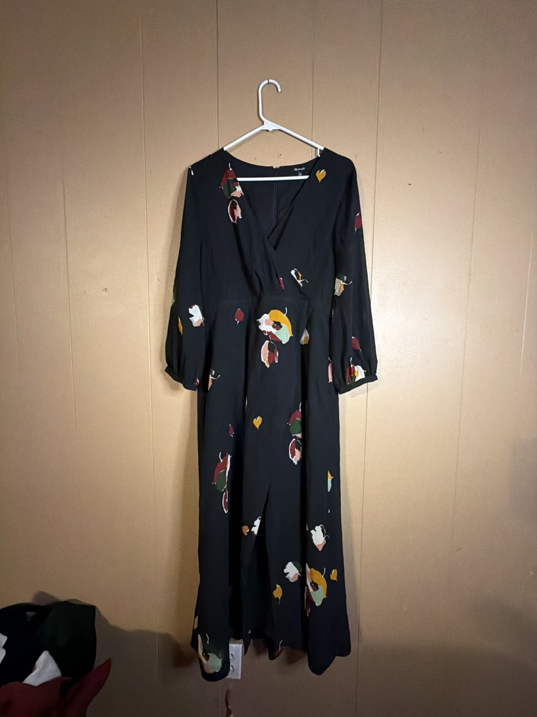 Madewell Maxi Dress Size 10 Black Floral Long Sleeve V-Neck 2