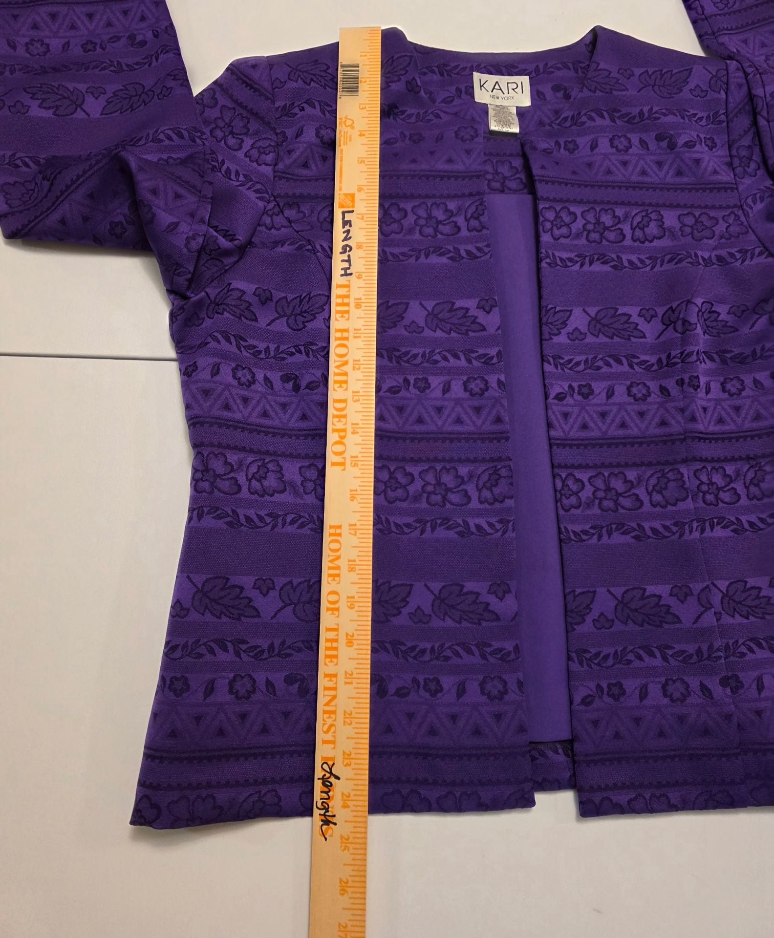 KARI New York Open Front Jacket Size 14p purple Floral Jacquard 7