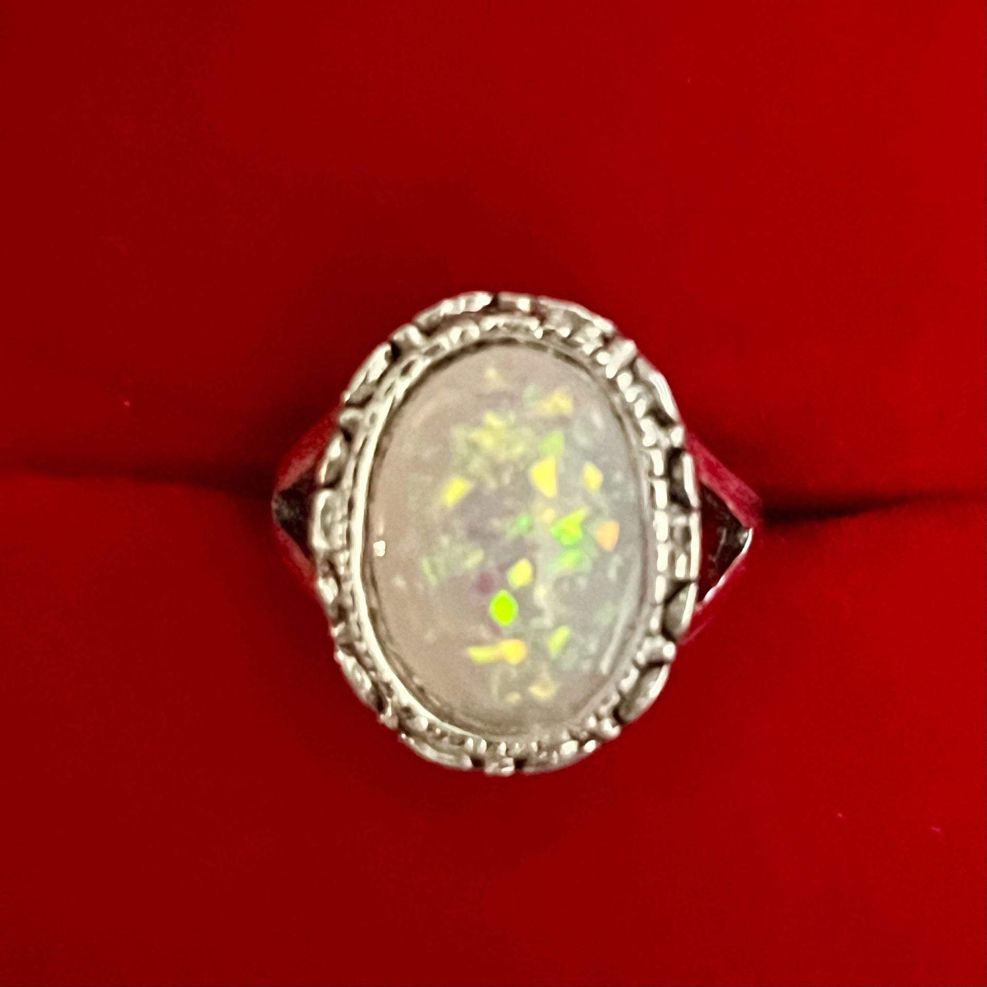 Simulated Opal Silver Tone Ring White Stone Size 6 1