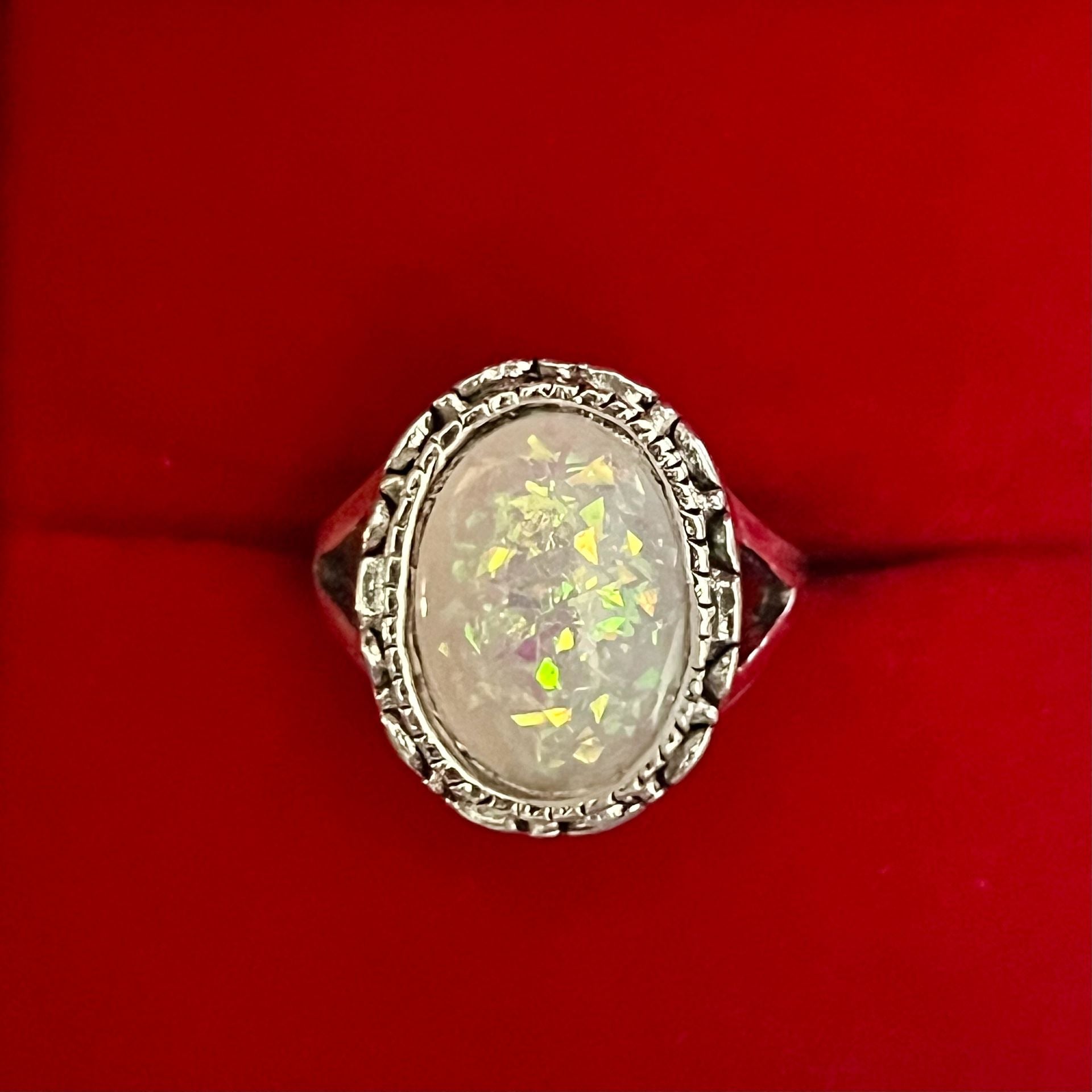 Simulated Opal Silver Tone Ring White Stone Size 6 2