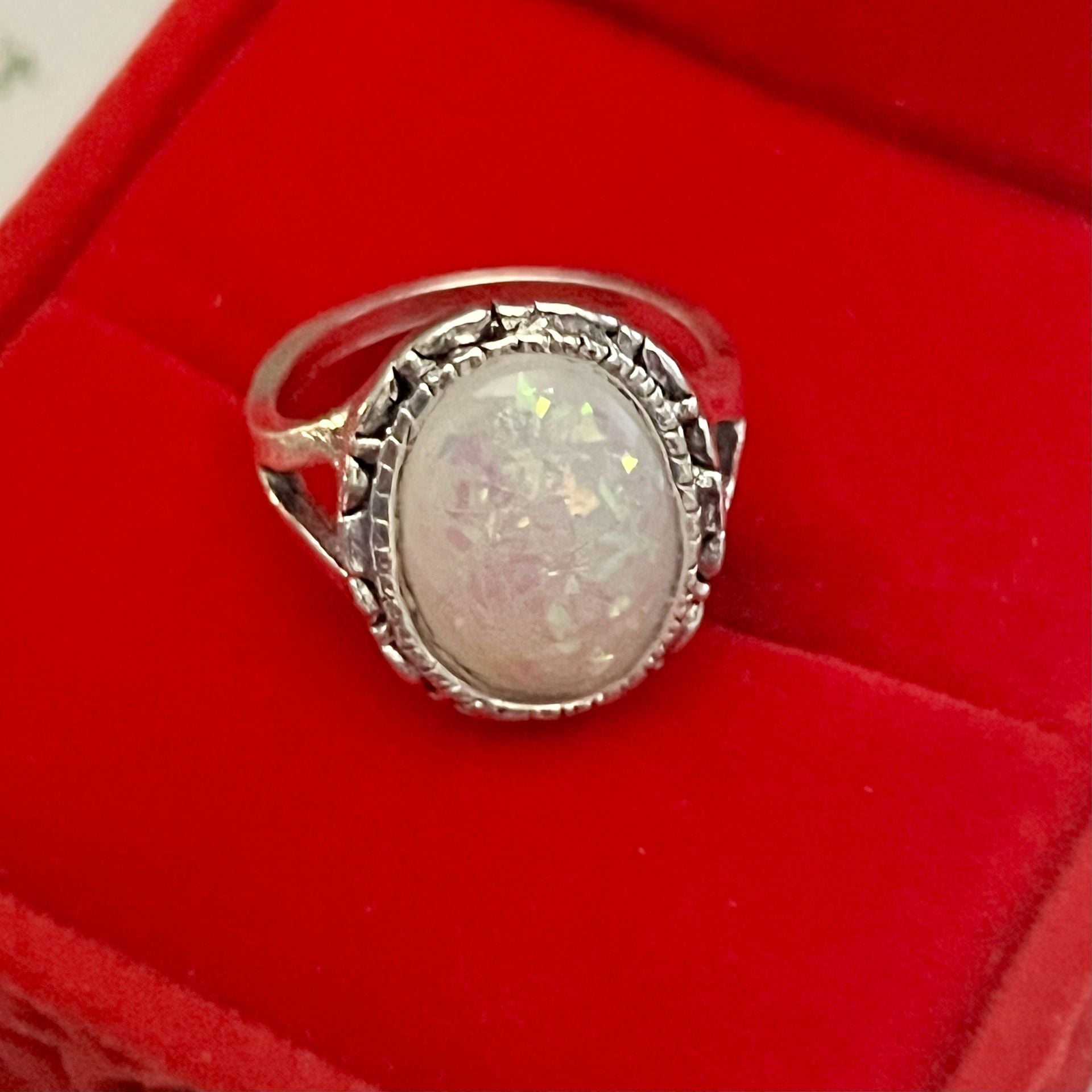 Simulated Opal Silver Tone Ring White Stone Size 6 5