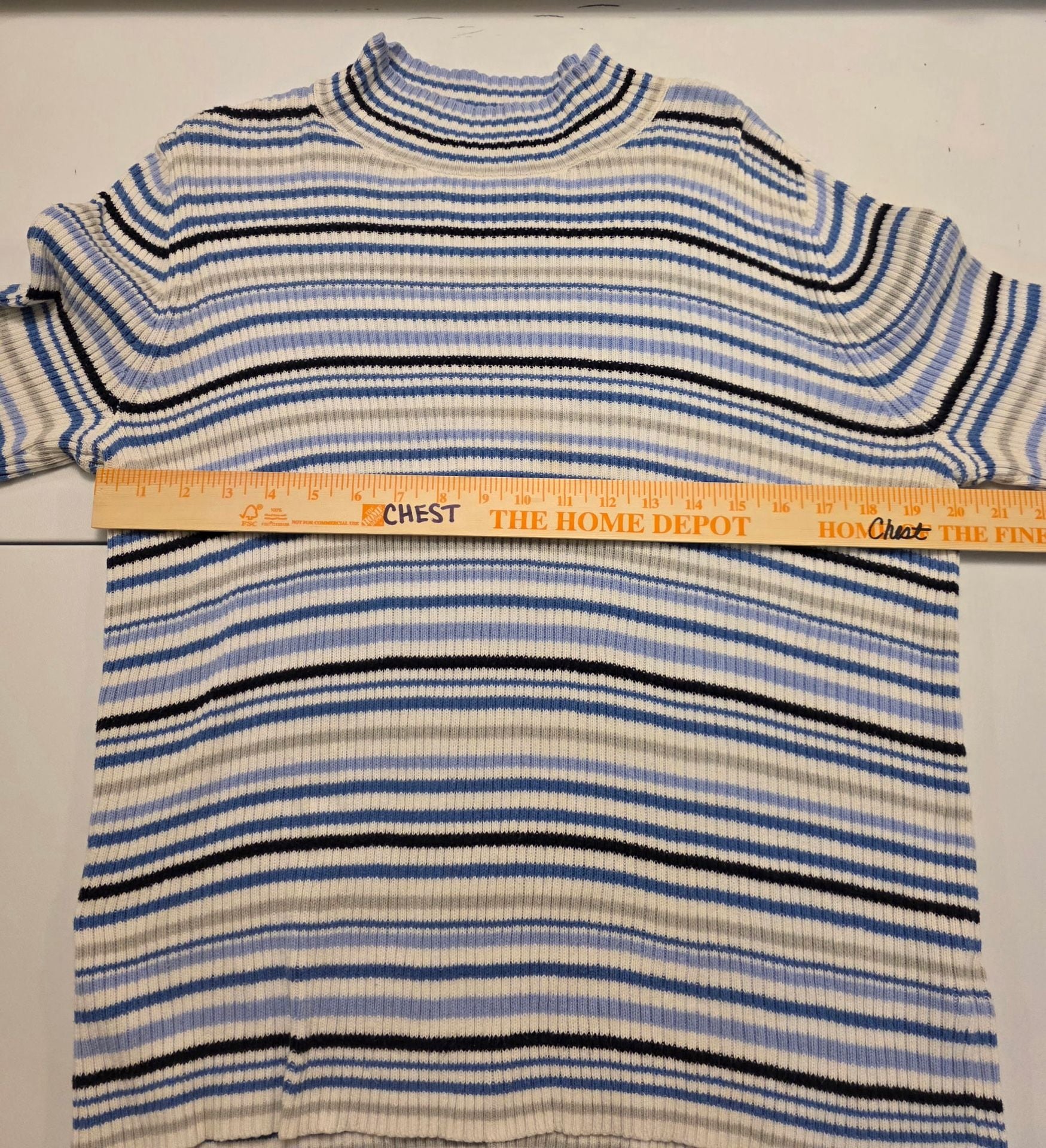 Studio Works Striped Ribbed Turtleneck Sweater Blue White 9