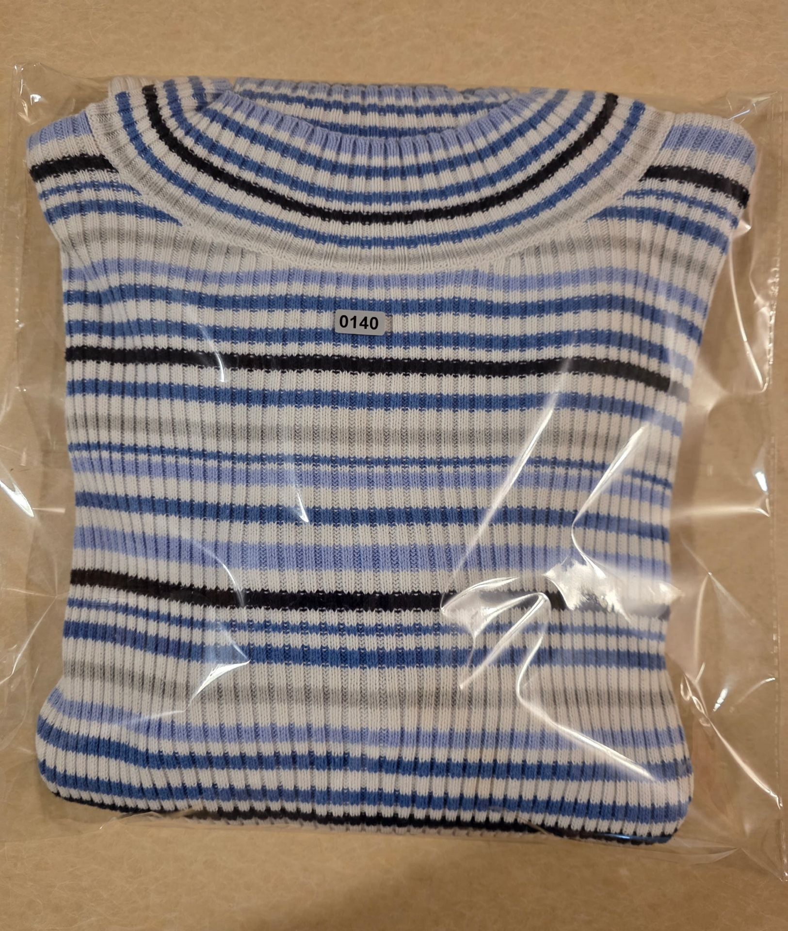 Studio Works Striped Ribbed Turtleneck Sweater Blue White 11