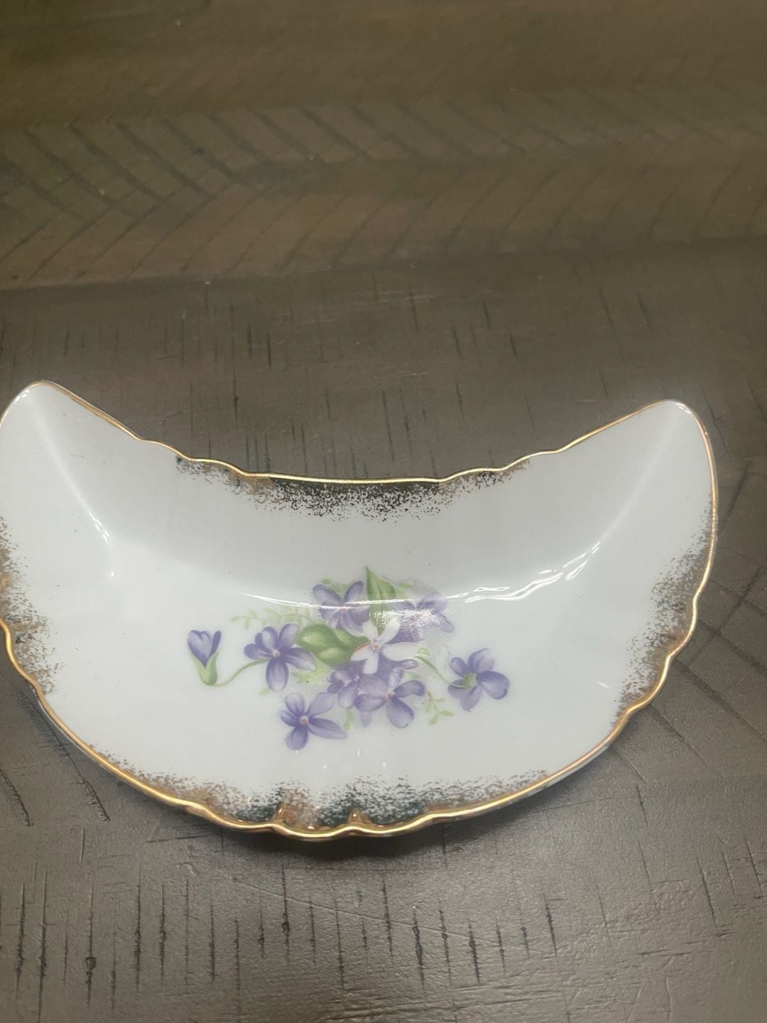 Vintage Japan Bone Dish Crescent Plate Violet Floral Gold Trim 1