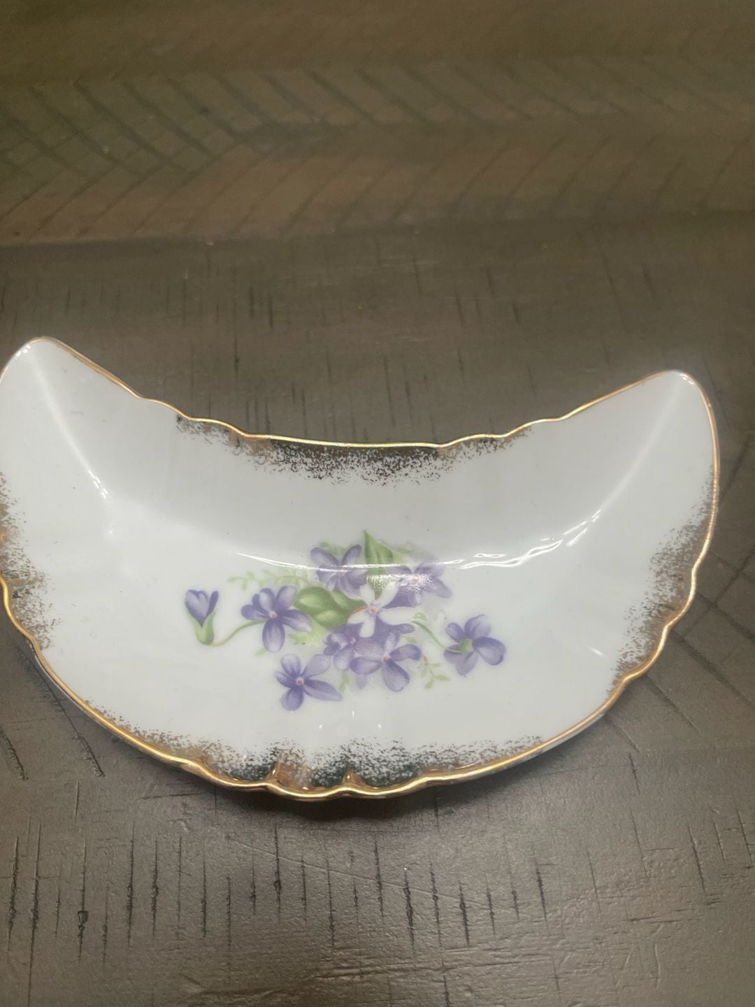 Vintage Japan Bone Dish Crescent Plate Violet Floral Gold Trim 2
