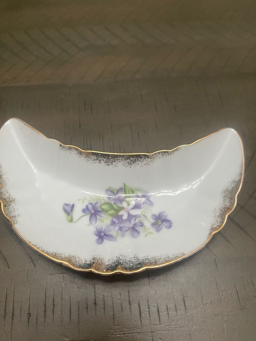 Vintage Japan Bone Dish Crescent Plate Violet Floral Gold Trim 3